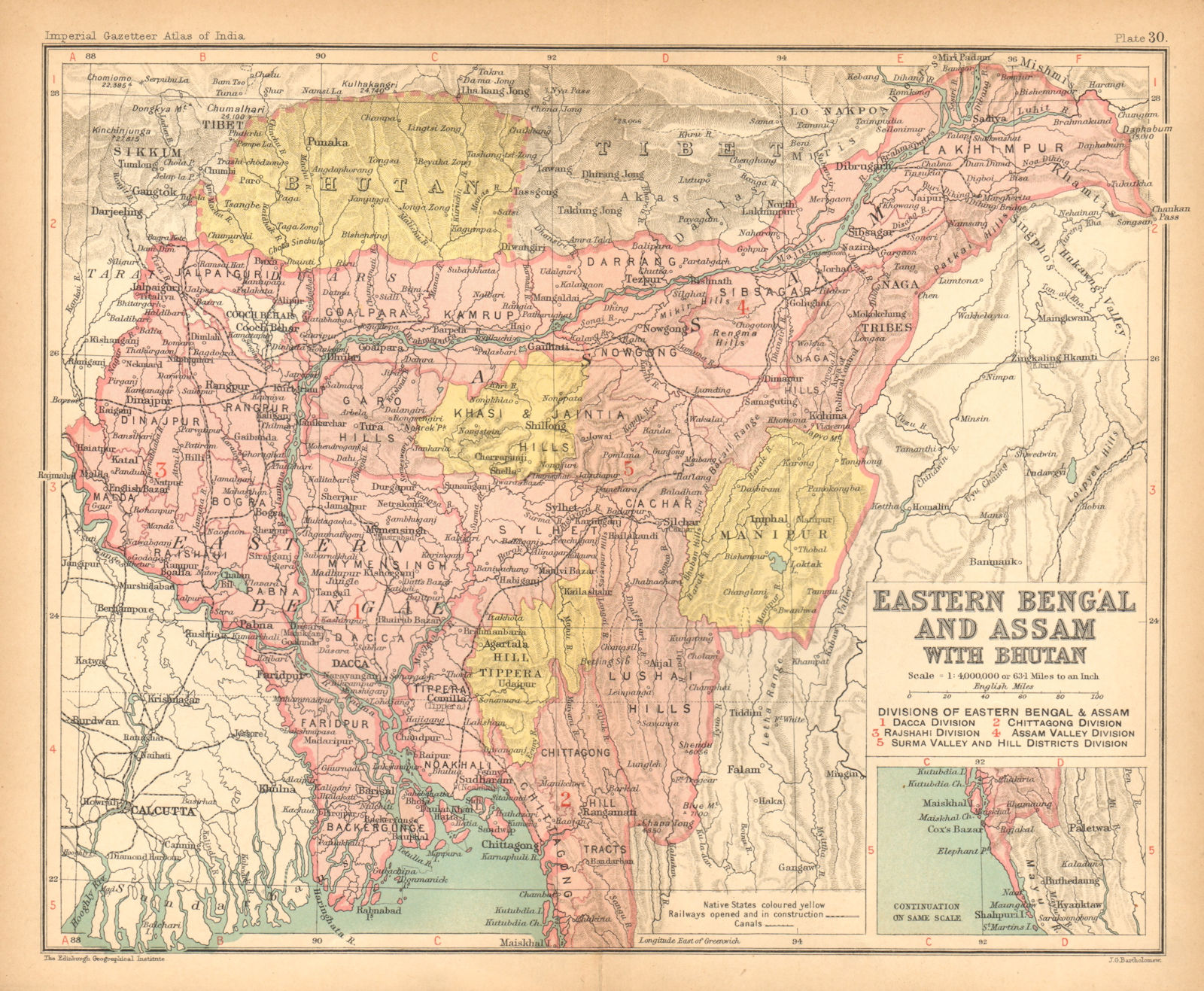 Associate Product Eastern Bengal & Assam with Bhutan' British India/Bangladesh provinces 1909 map