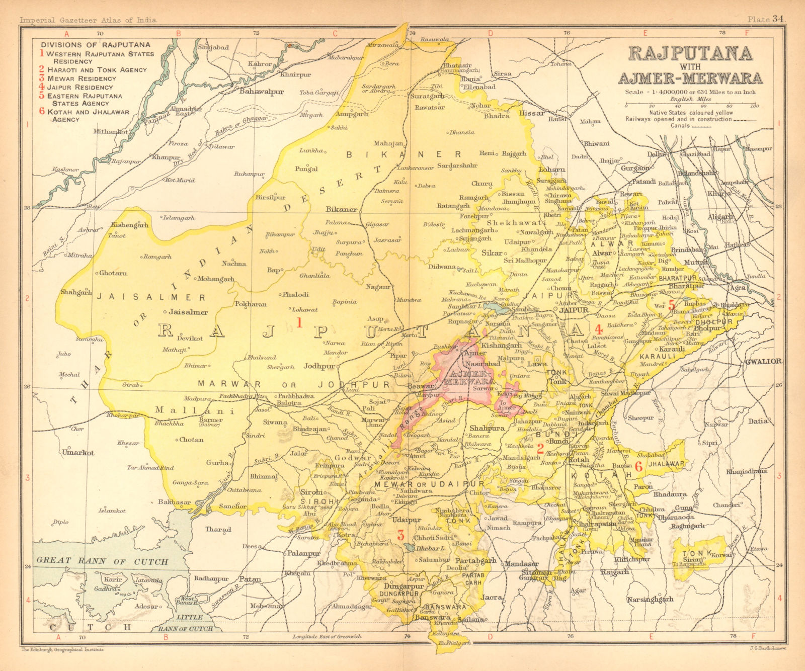 Associate Product 'Rajputana, with Ajmer-Merwara'. British India provinces. Rajasthan 1909 map