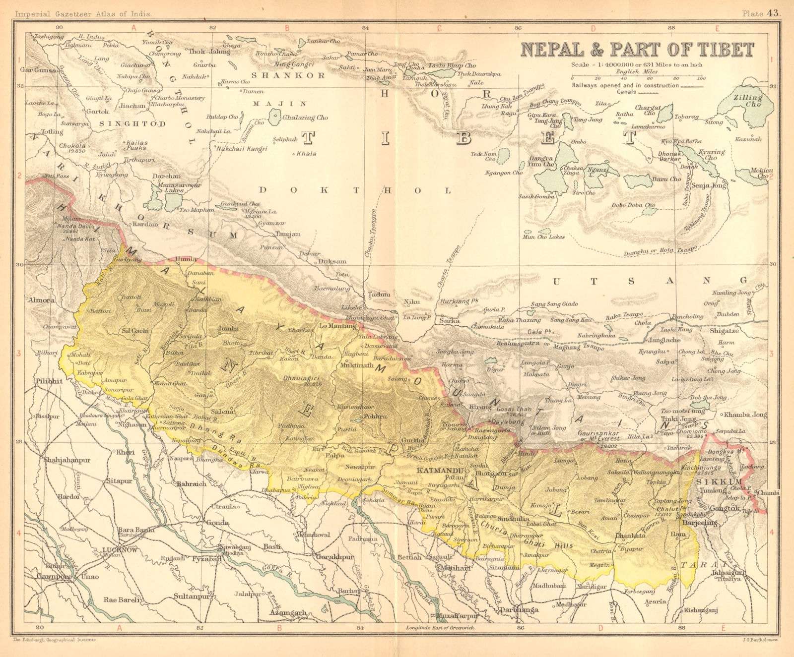 Nepal & part of Tibet. Himalayas. Kathmandu 1909 old antique map plan chart