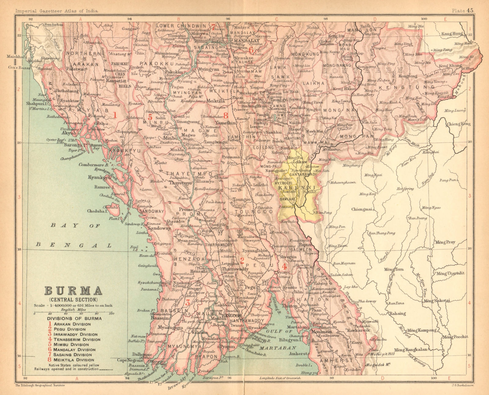 Associate Product British Burma Central. Karenni states. Myanmar. Railways. Rangoon 1909 old map
