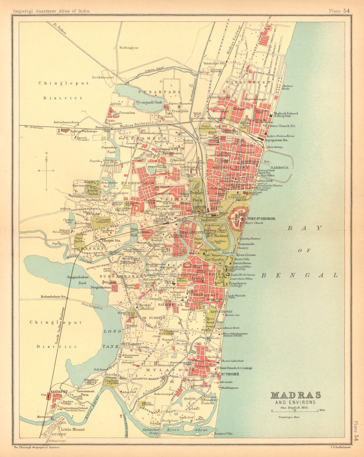 Associate Product Madras/Chennai town city plan. Key buildings. British India 1909 old map