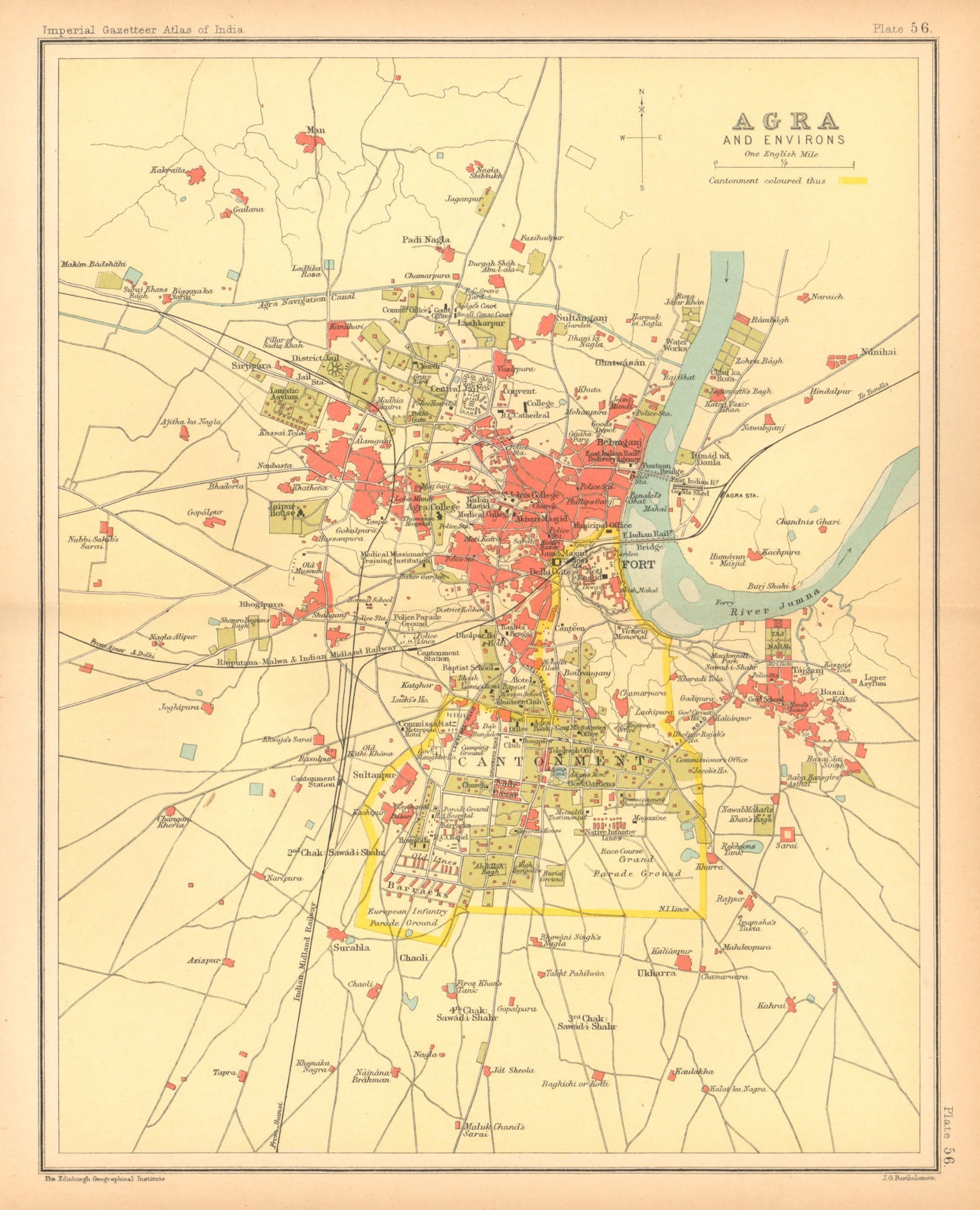 Agra town city plan. Cantonment, Fort & Taj Mahal. British India 1909 old map