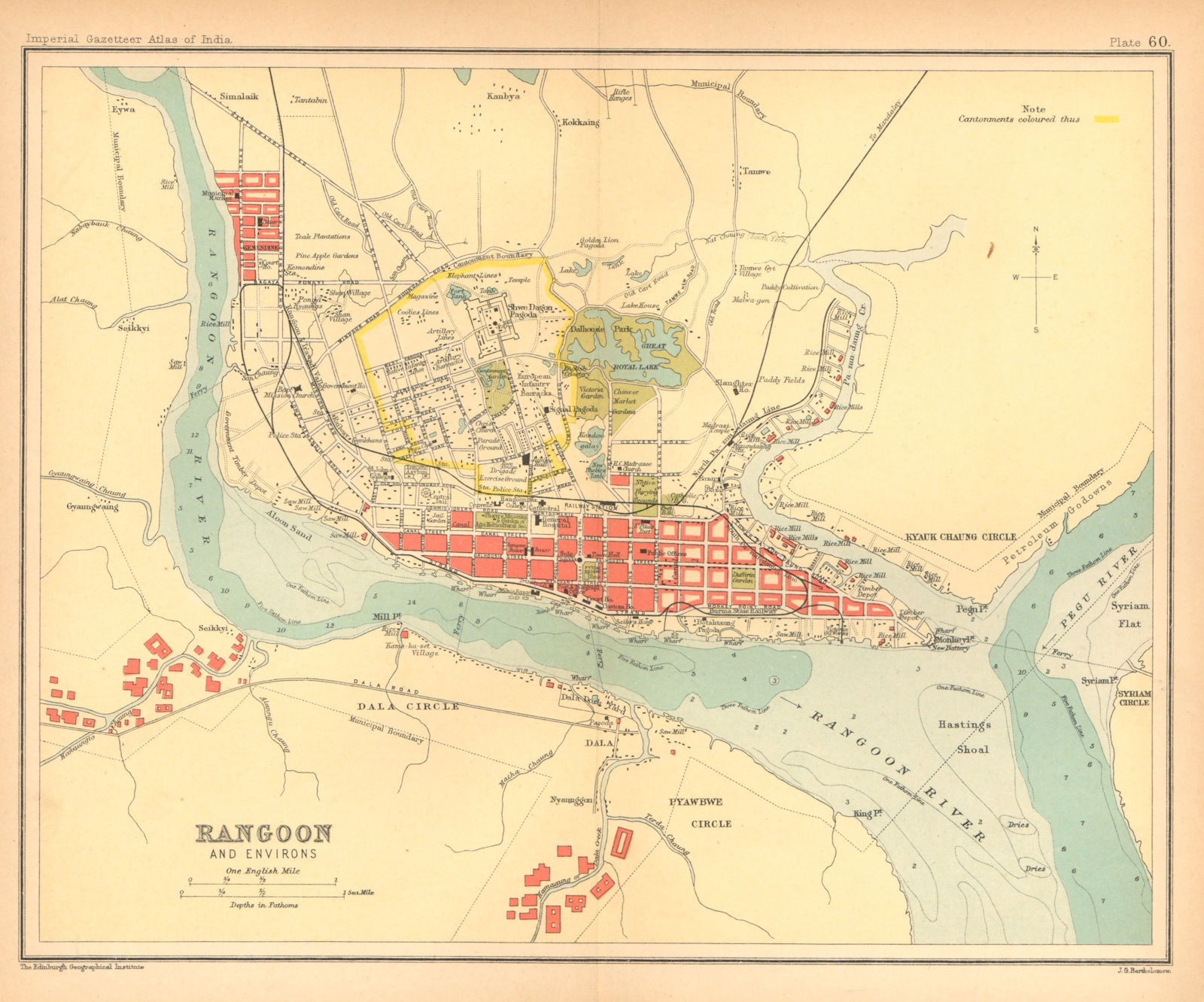 Rangoon/Yangon town city plan. Myanmar. Cantonment. British Burma 1909 old map
