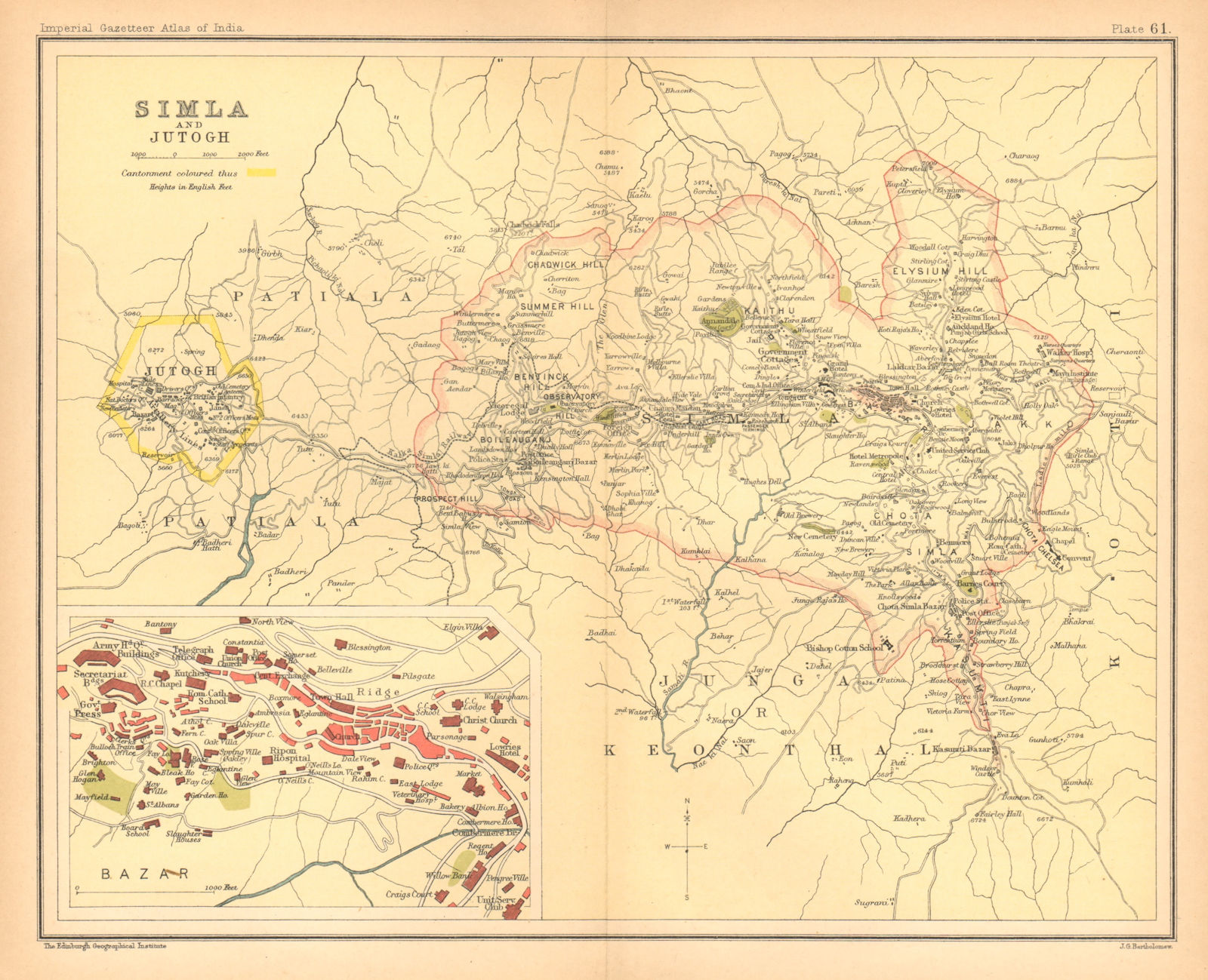 Simla/Shimla & Jutogh cantonment. Lakkar Bazaar. British India 1909 old map