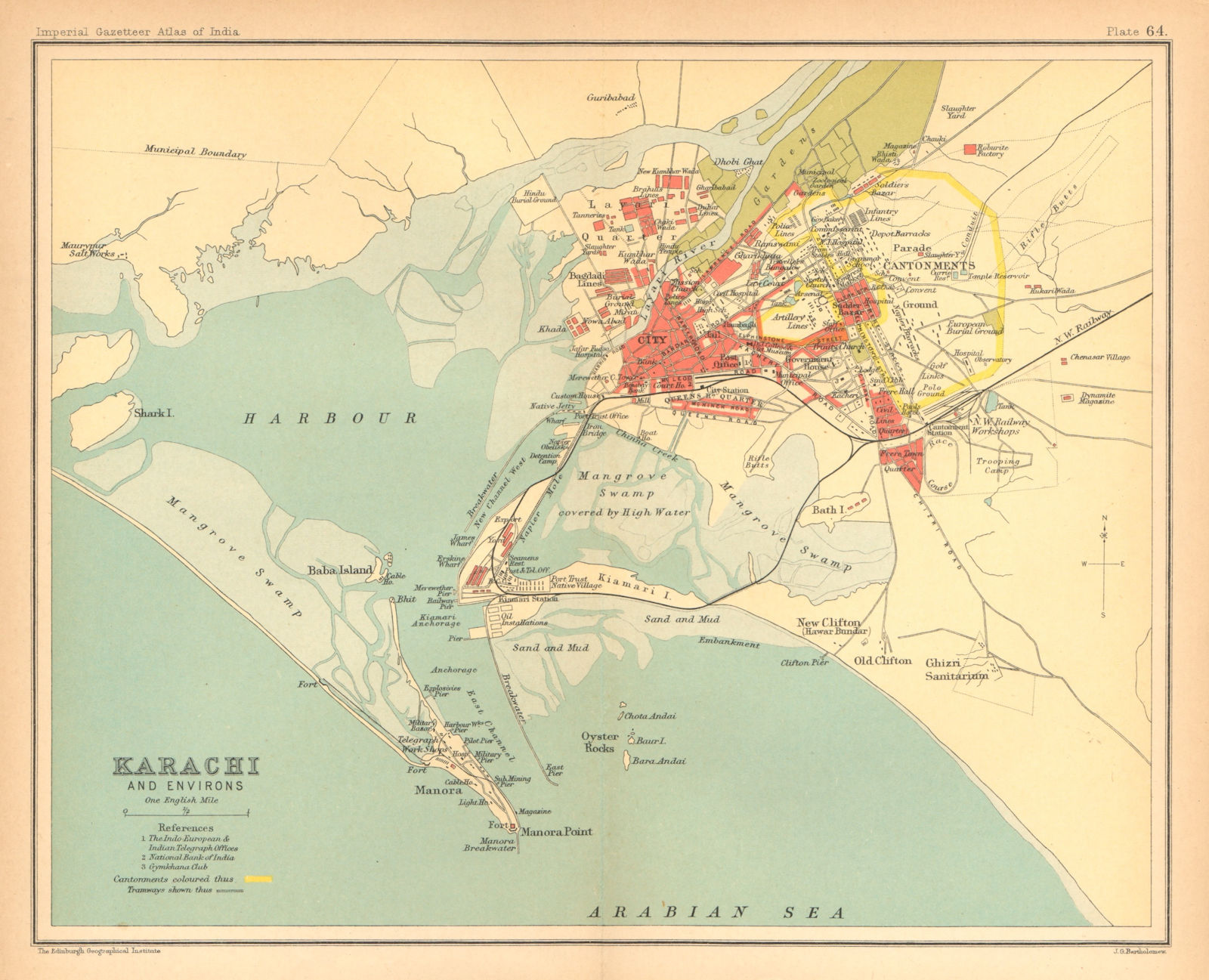 Karachi town city plan. Buildings & Cantonment. Pakistan. British India 1909 map