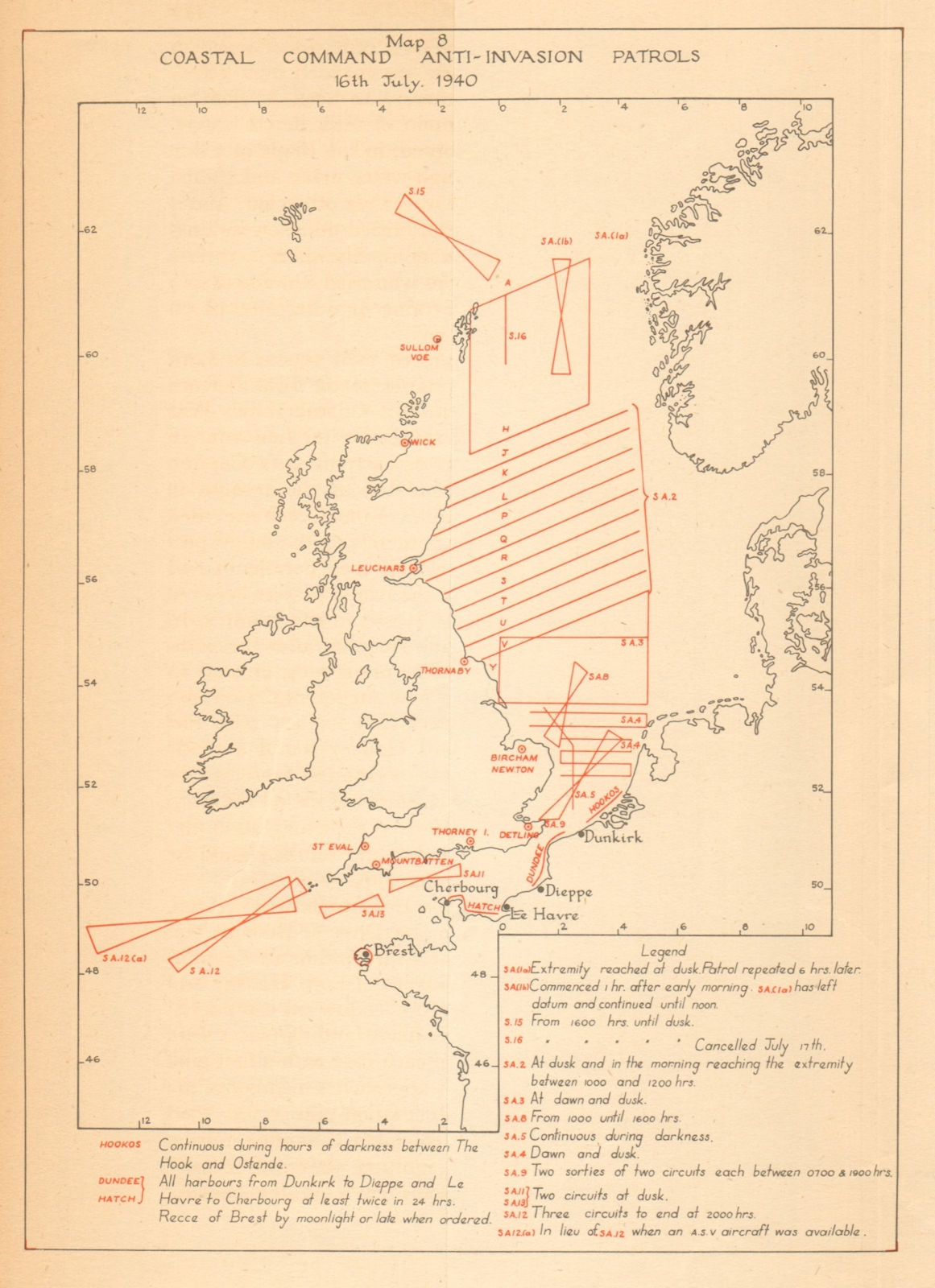 Associate Product UK Coastal Command Anti-Invasion Patrols 16 July 1940. Sealion WW2 1957 map