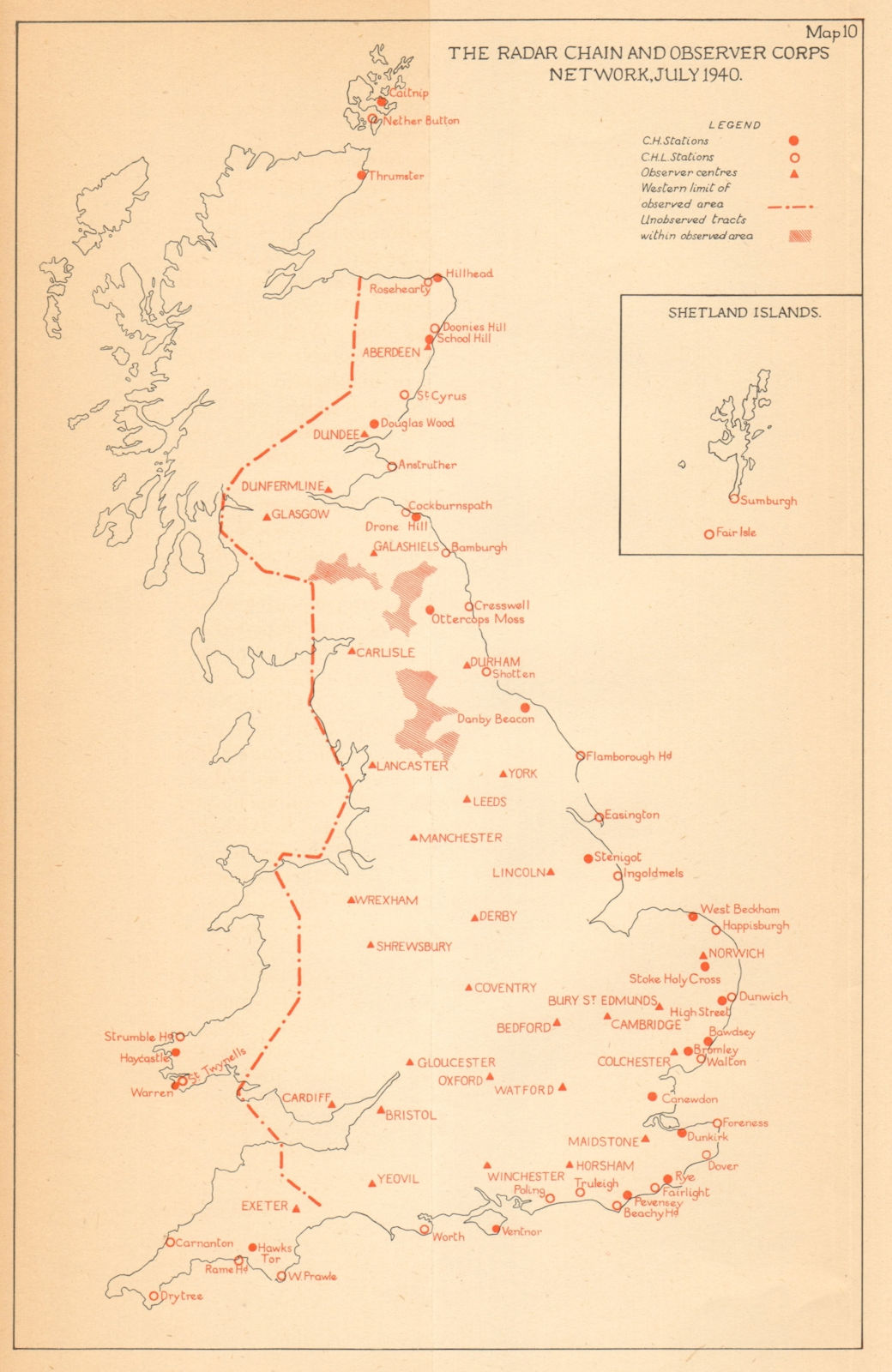 Radar Chain & Observer Corps Network, July 1940. Battle of Britain. WW2 1957 map