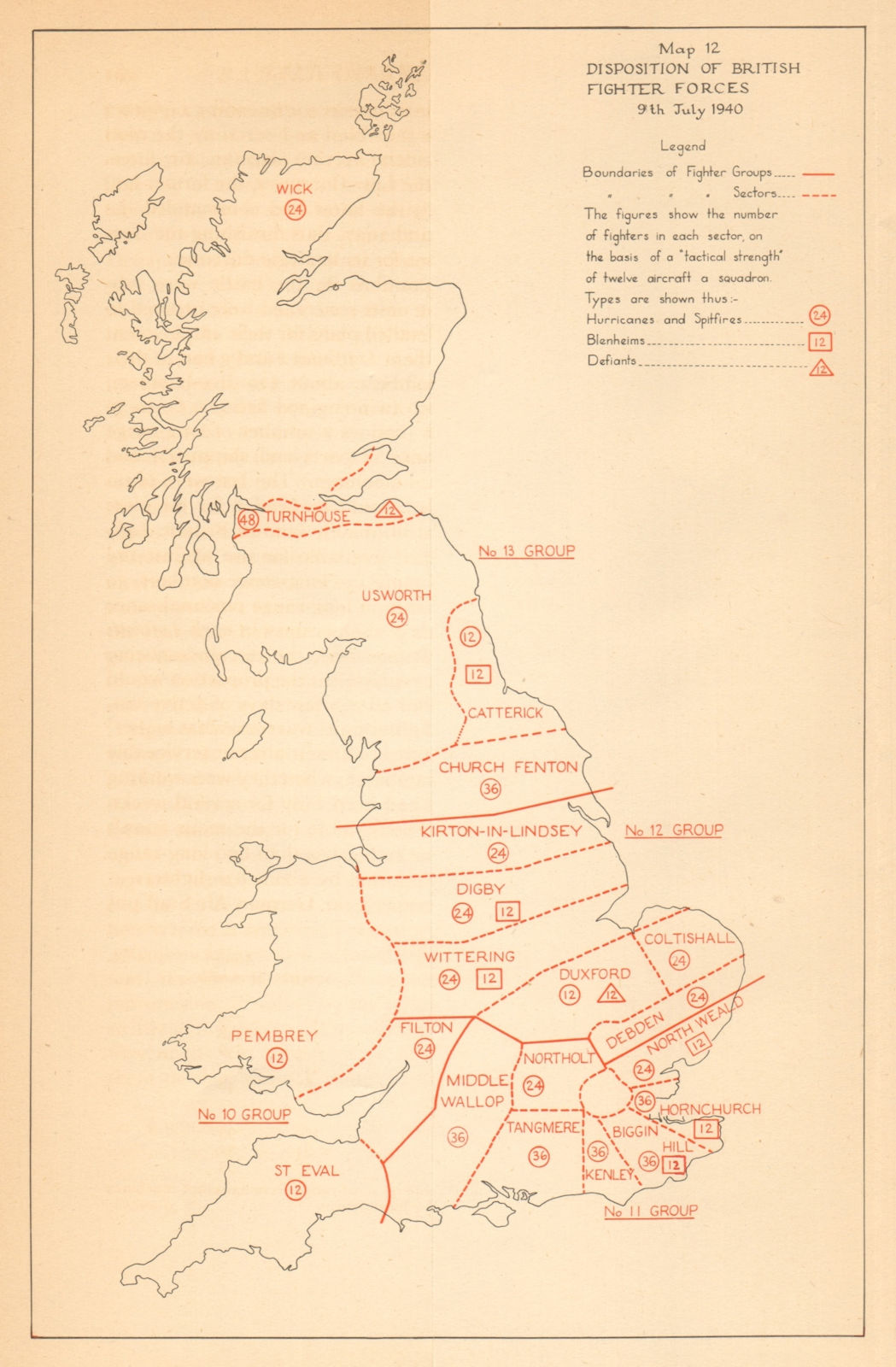 Disposition of British Fighter Forces 9 July 1940 Battle of Britain WW2 1957 map