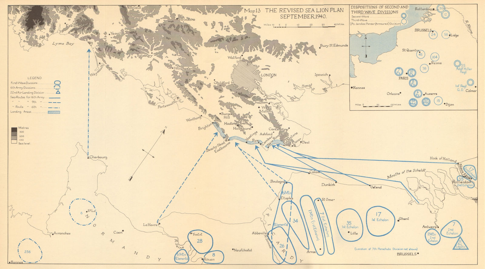 Operation Sealion September 1940. Planned invasion of UK. Seelöwe 1957 old map