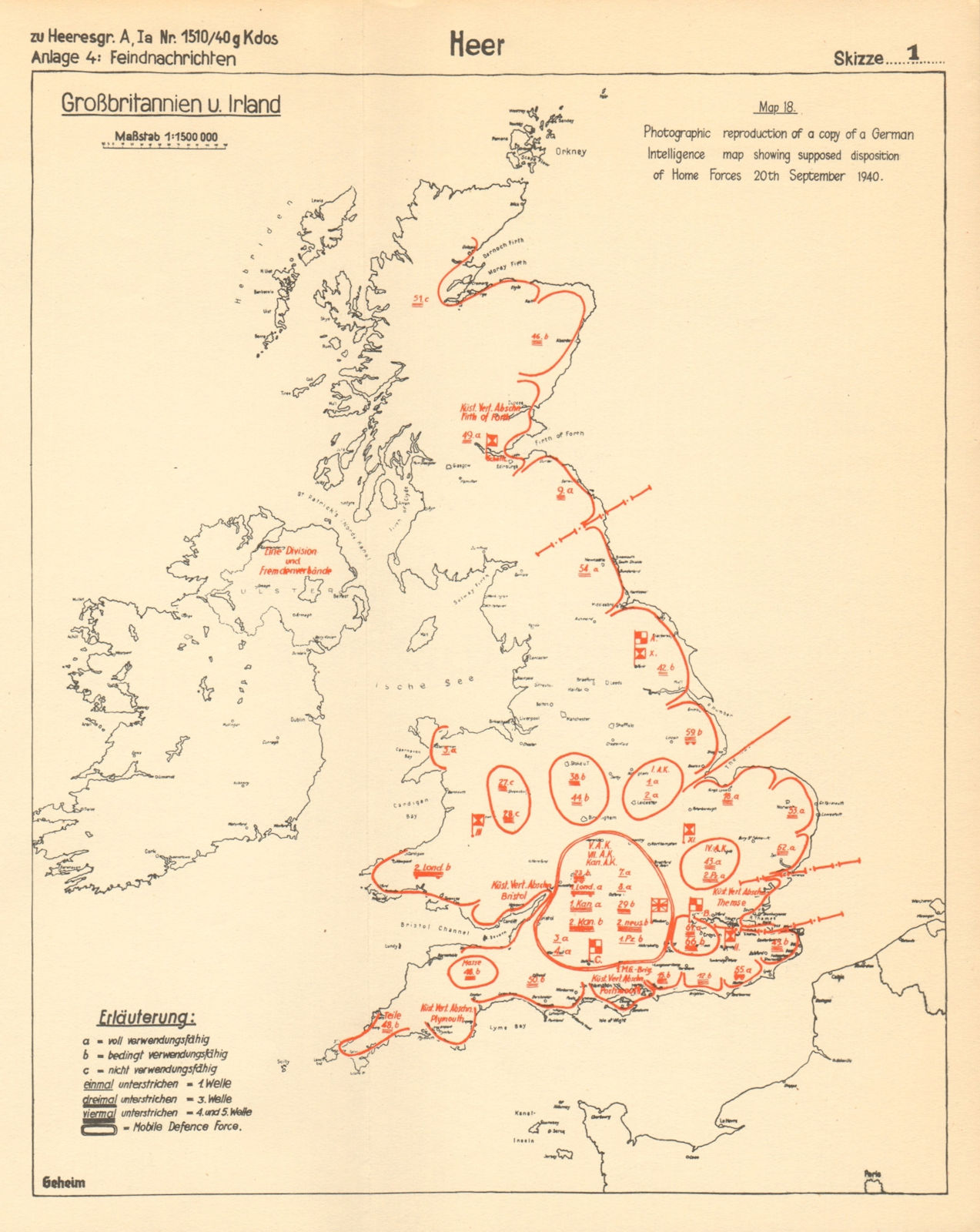 Associate Product German Intelligence Map. UK Home Forces 20 September 1940. WW2 1957 old