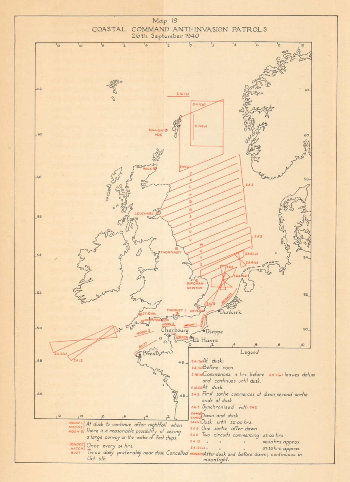 UK Coastal Command Anti-Invasion Patrols 26 September. Sealion WW2 1957 map
