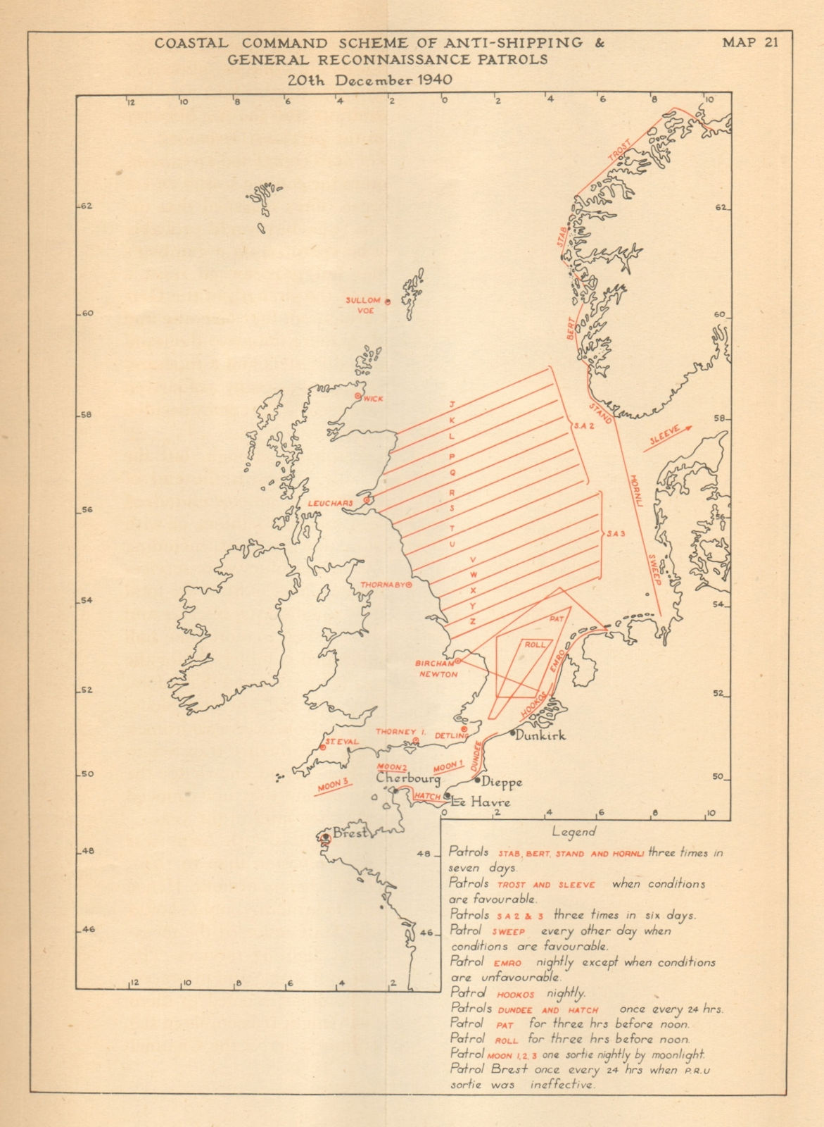 Associate Product UK Coastal Command Reconnaissance Patrols 20 December 1940. WW2 1957 old map