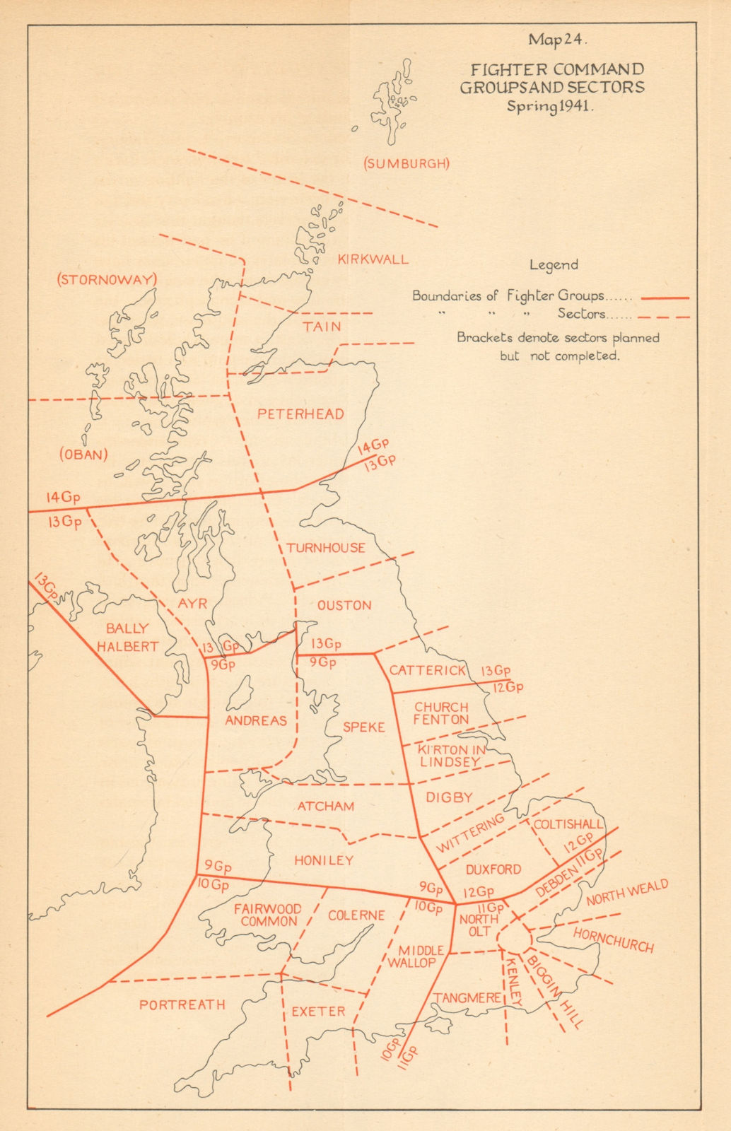 RAF Fighter Command Groups and Sectors, Spring 1941. World War 2 1957 old map