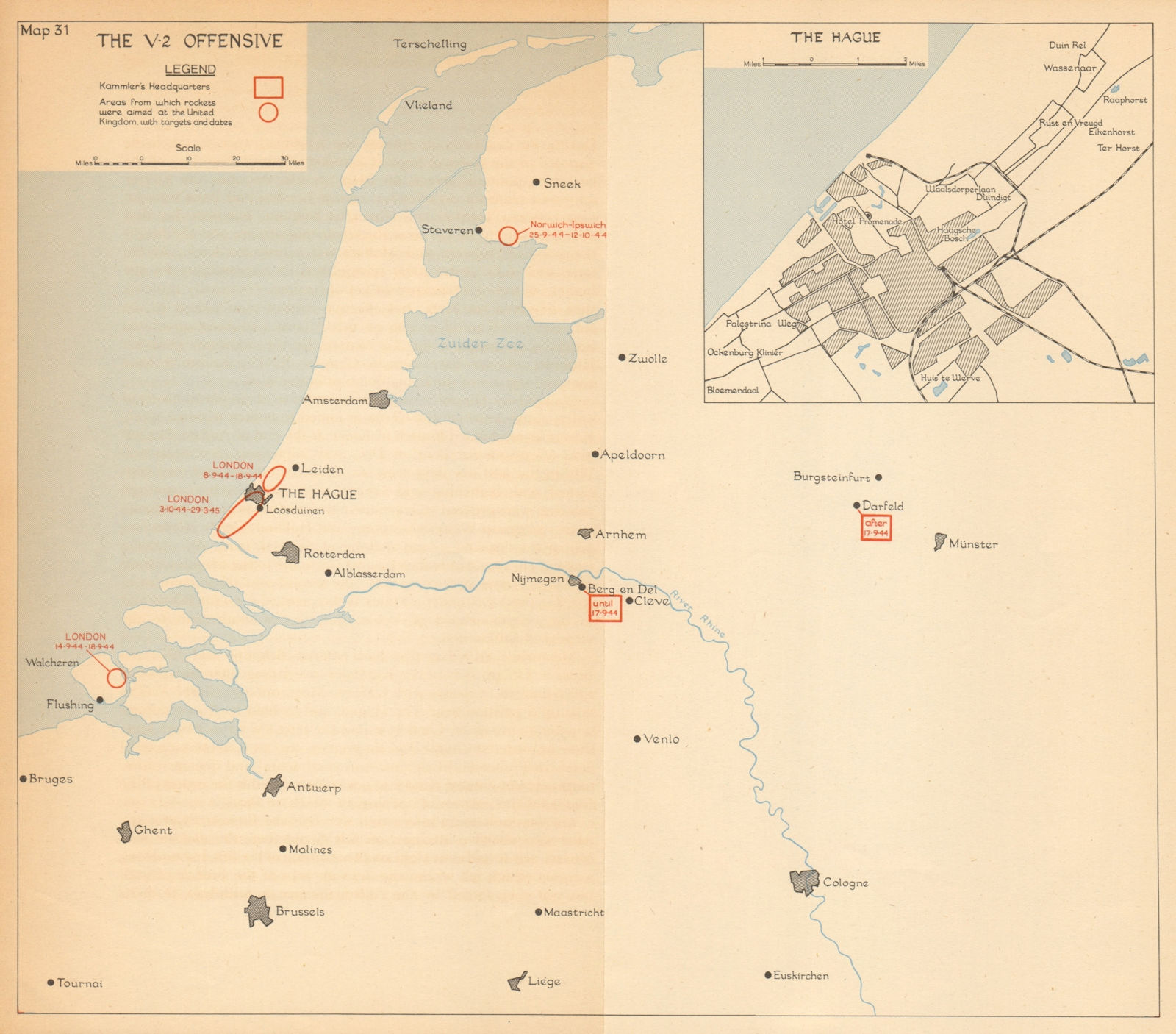 V-2 rocket launch areas UK bombardment. Sept 1944-March 1945. The Hague 1957 map