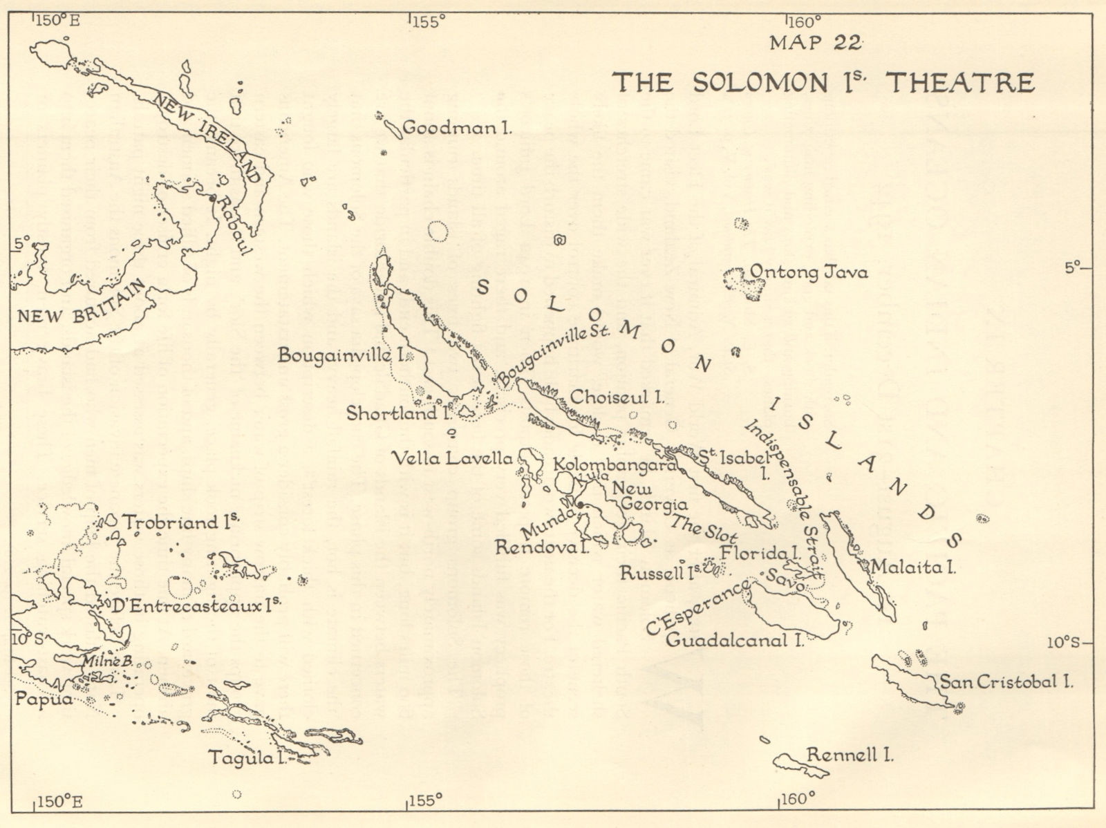 World War 2. The Solomon Islands Theatre. Pacific 1956 old vintage map chart