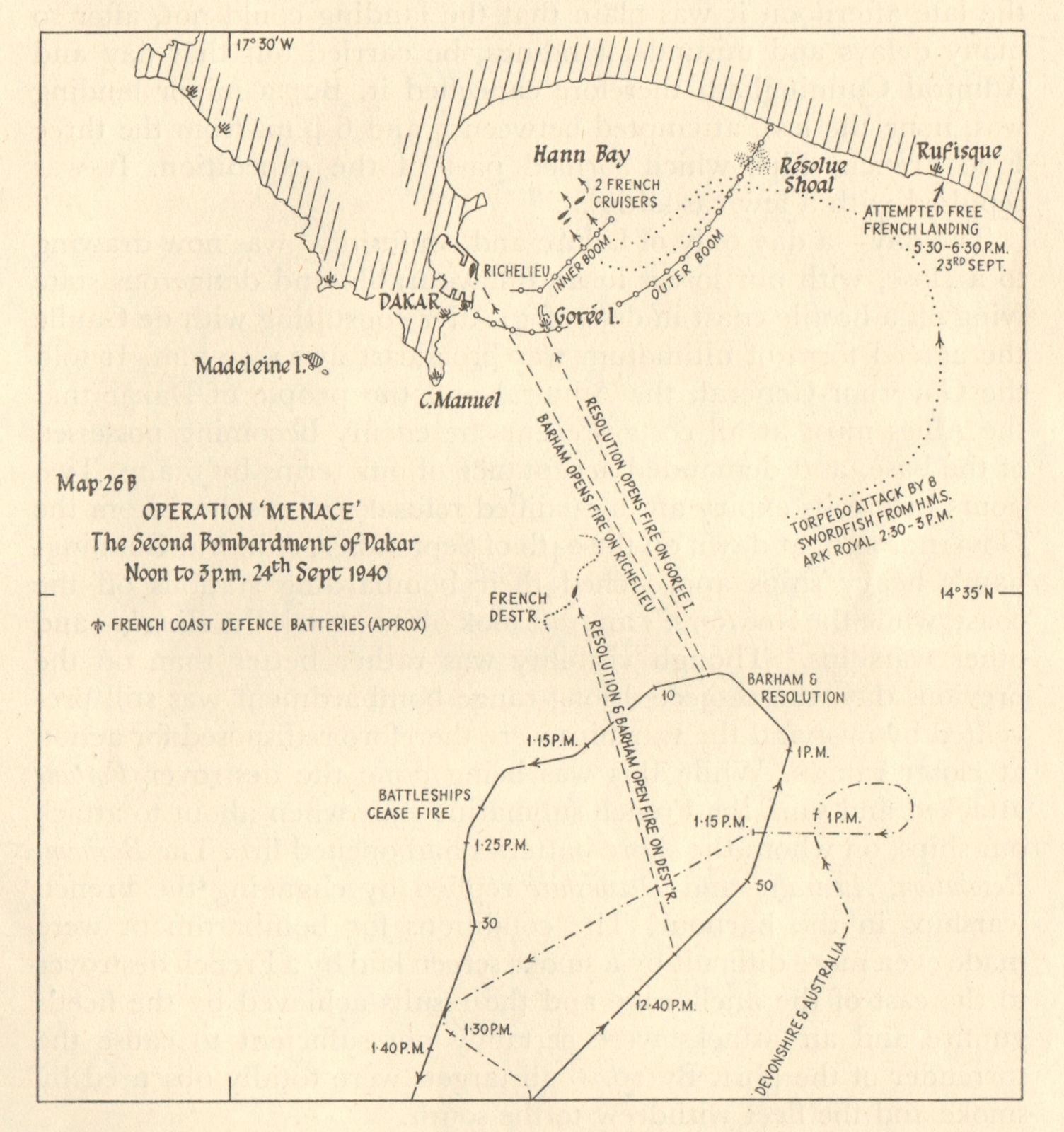 Operation Menace. 2nd bombardment of Dakar 24 September 1940. WW2 1954 old map