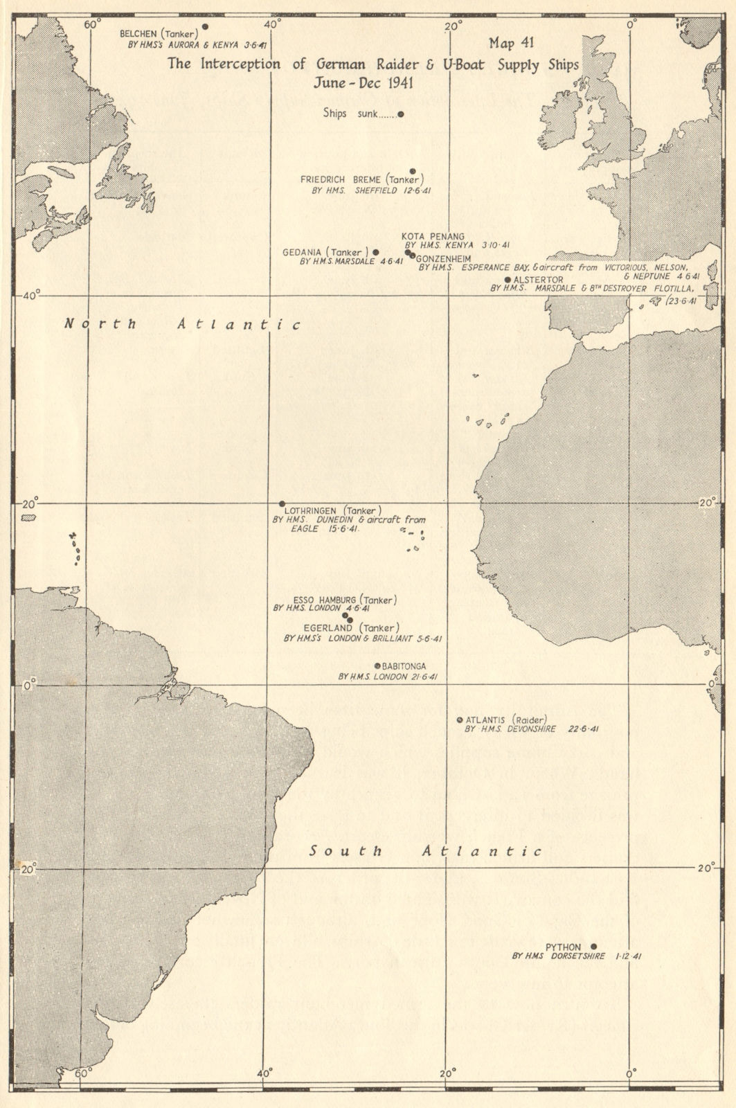 Associate Product Atlantic Ocean. German Raider & U-Boat Supply Ships interception 1941 1954 map