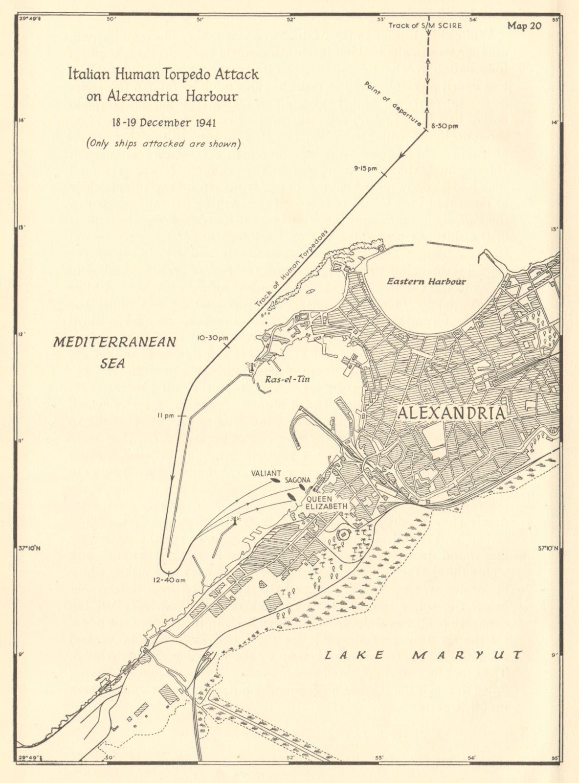 Human torpedo attack. Raid on Alexandria 18-19 December 1941. WW2 1960 old map