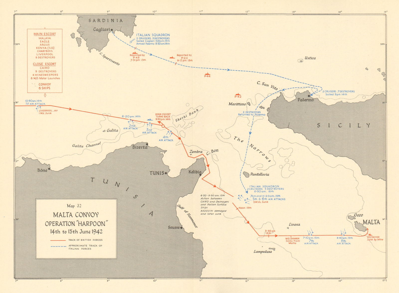 Malta Convoy. Operation Harpoon 14th-15th June 1942. World War 2 1960 old map