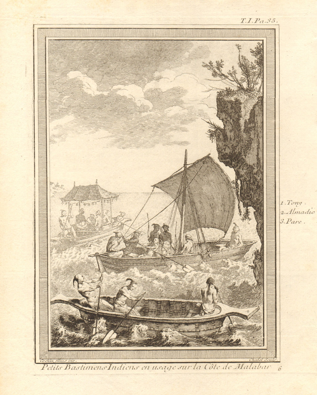 'Bastimens Indiens… côte de Malabar' coast. Boat raft paraw almadie. India 1746