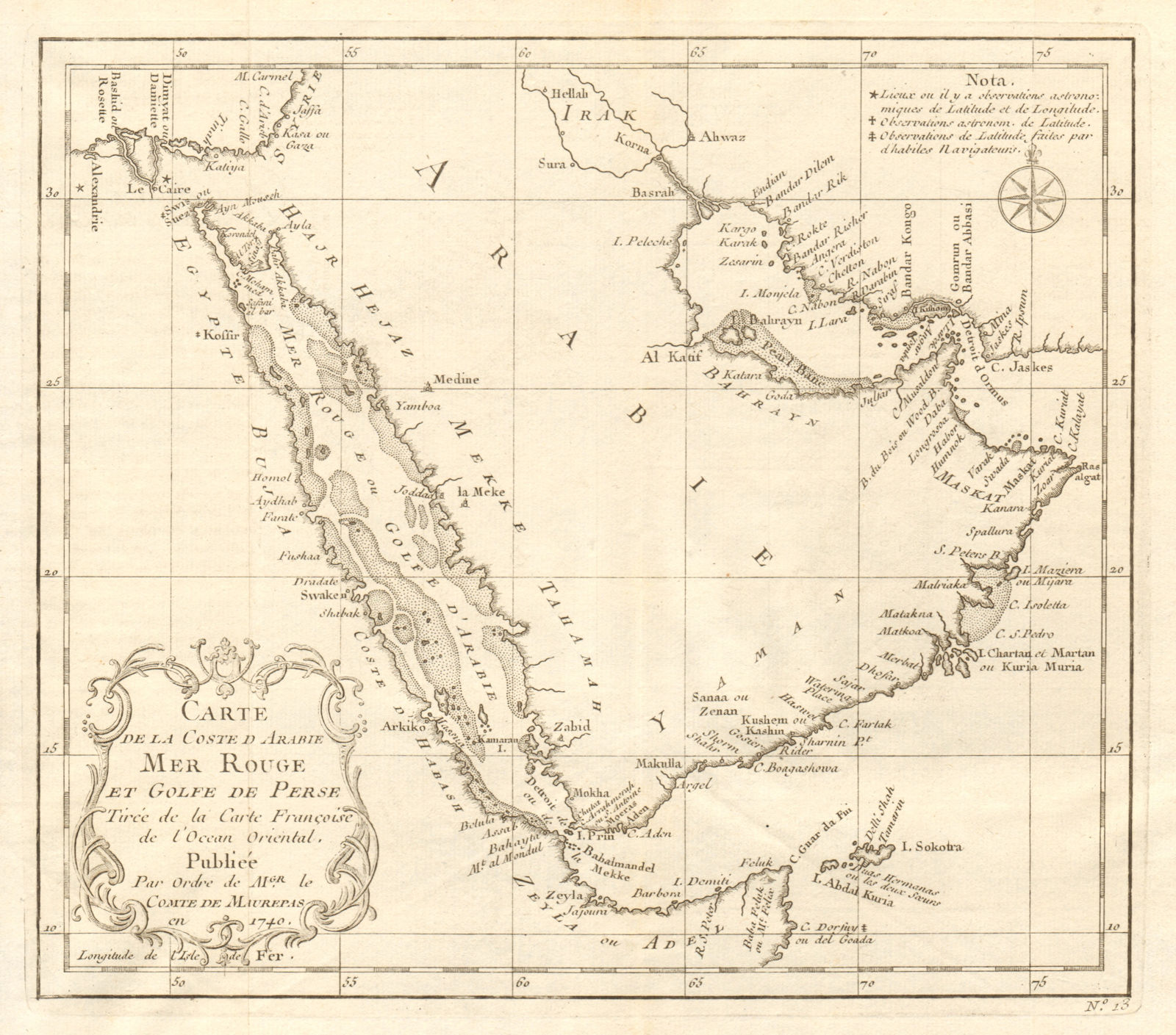 'La Coste d’Arabie, Mer Rouge & Golfe de Perse'. Arabia Oman. BELLIN 1746 map