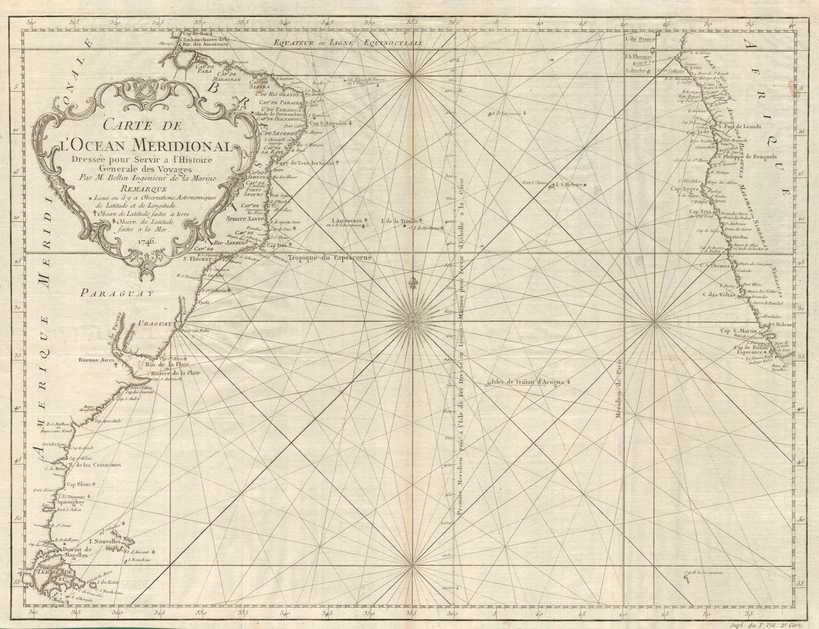 Carte de l’Ocean Meridional. South Atlantic Ocean Ferro Meridian BELLIN 1746 map