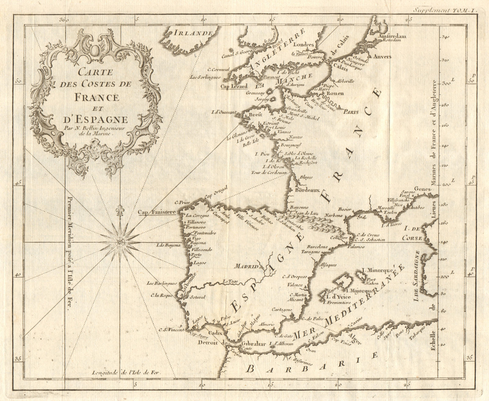 'Carte des Costes de France & d’Espagne'. France & Spain coasts. BELLIN 1746 map