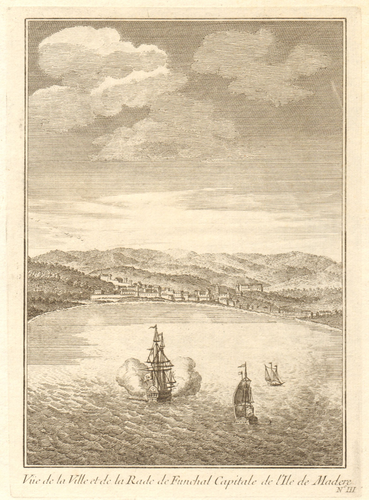 View of the city & bay of Funchal, Madeira. Portugal. Tall ships 1746 print