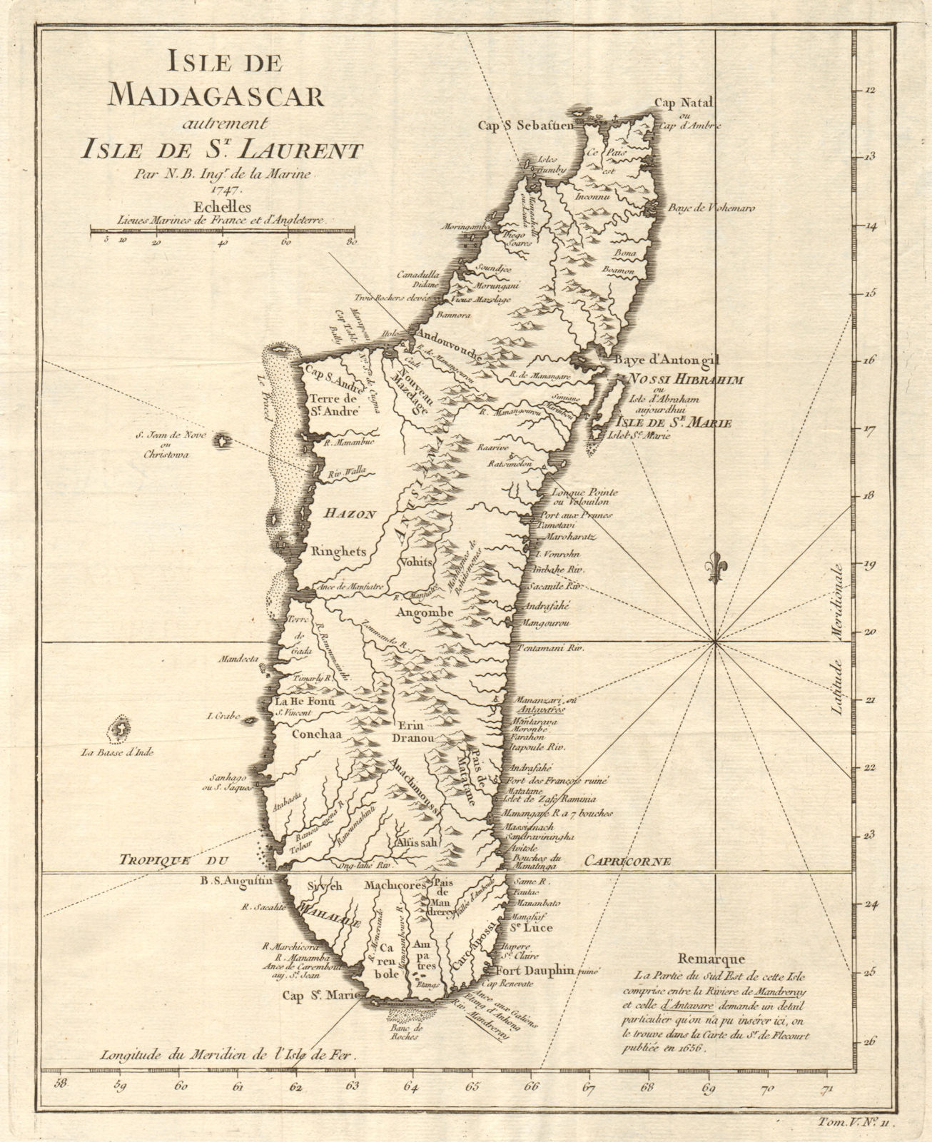 'Isle de Madagascar, autrement Isle de St. Laurent'. BELLIN 1748 old map