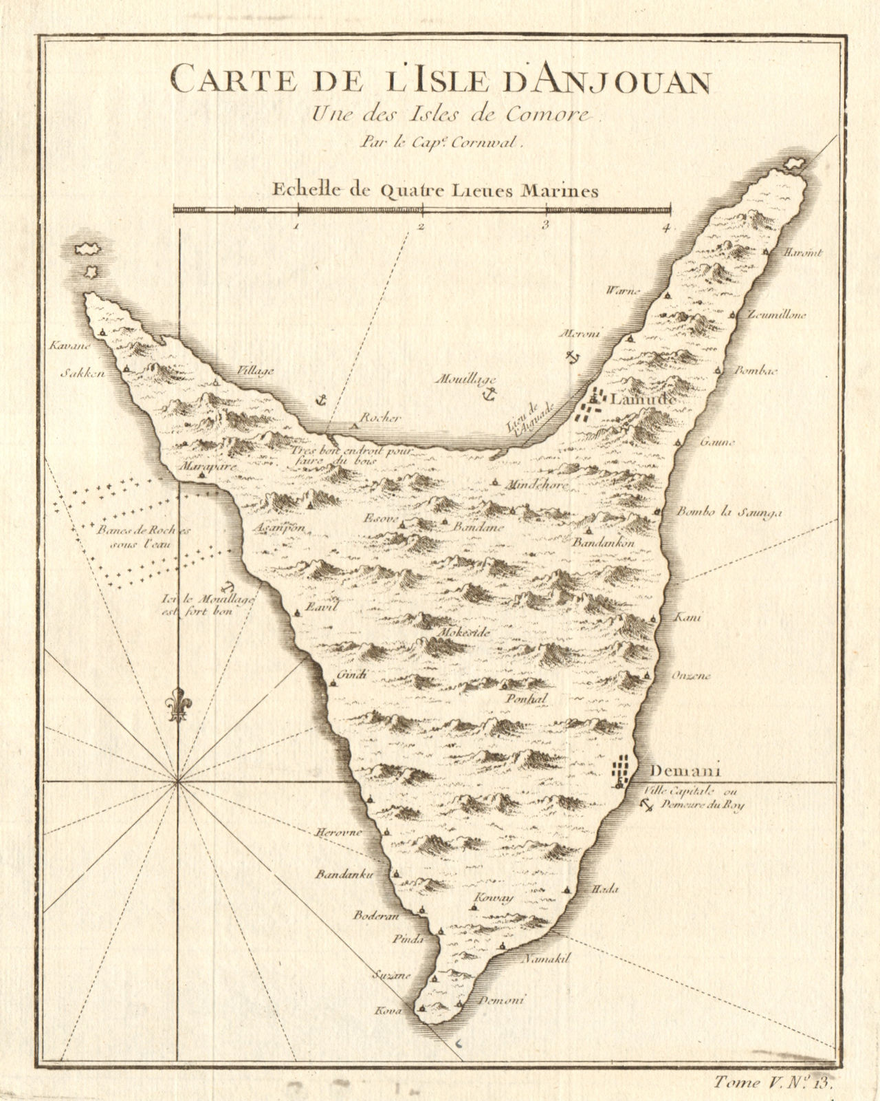 'L’lsle d’Anjouan, une des lsles de Comore'. Comoros islands. BELLIN 1748 map