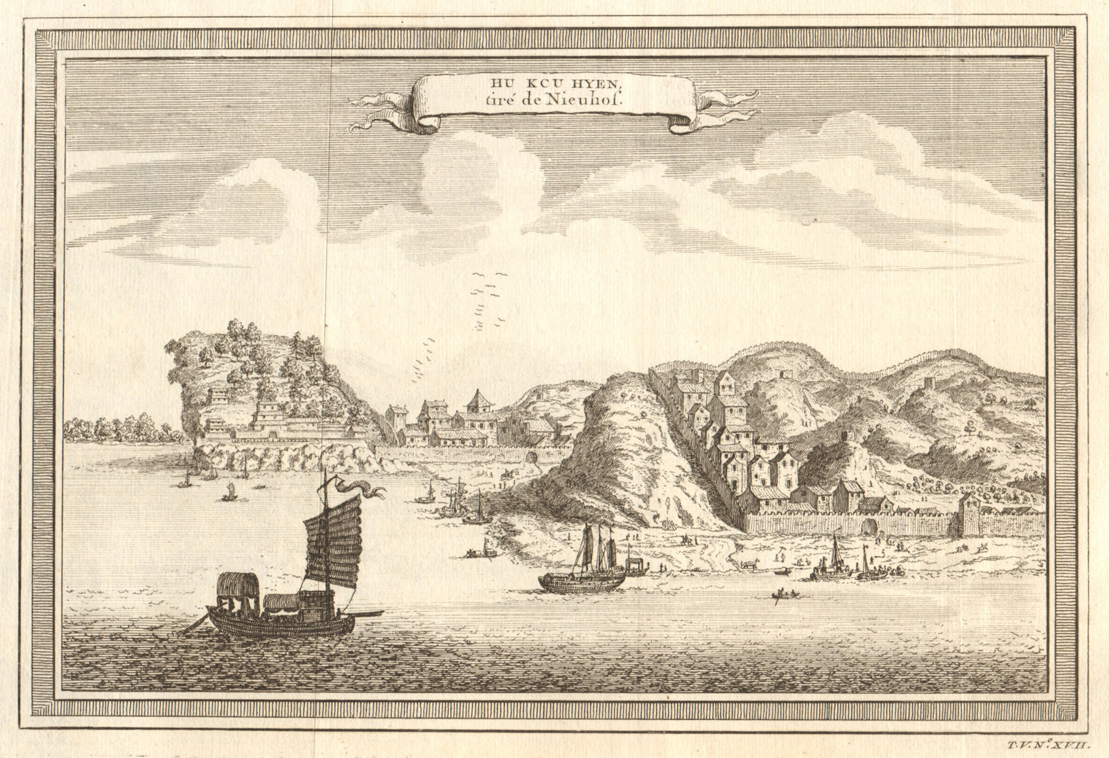 Associate Product 'Hu keu hyen'. View of Hukou, Jiangxi, China. Junks. Fortifications 1748 print