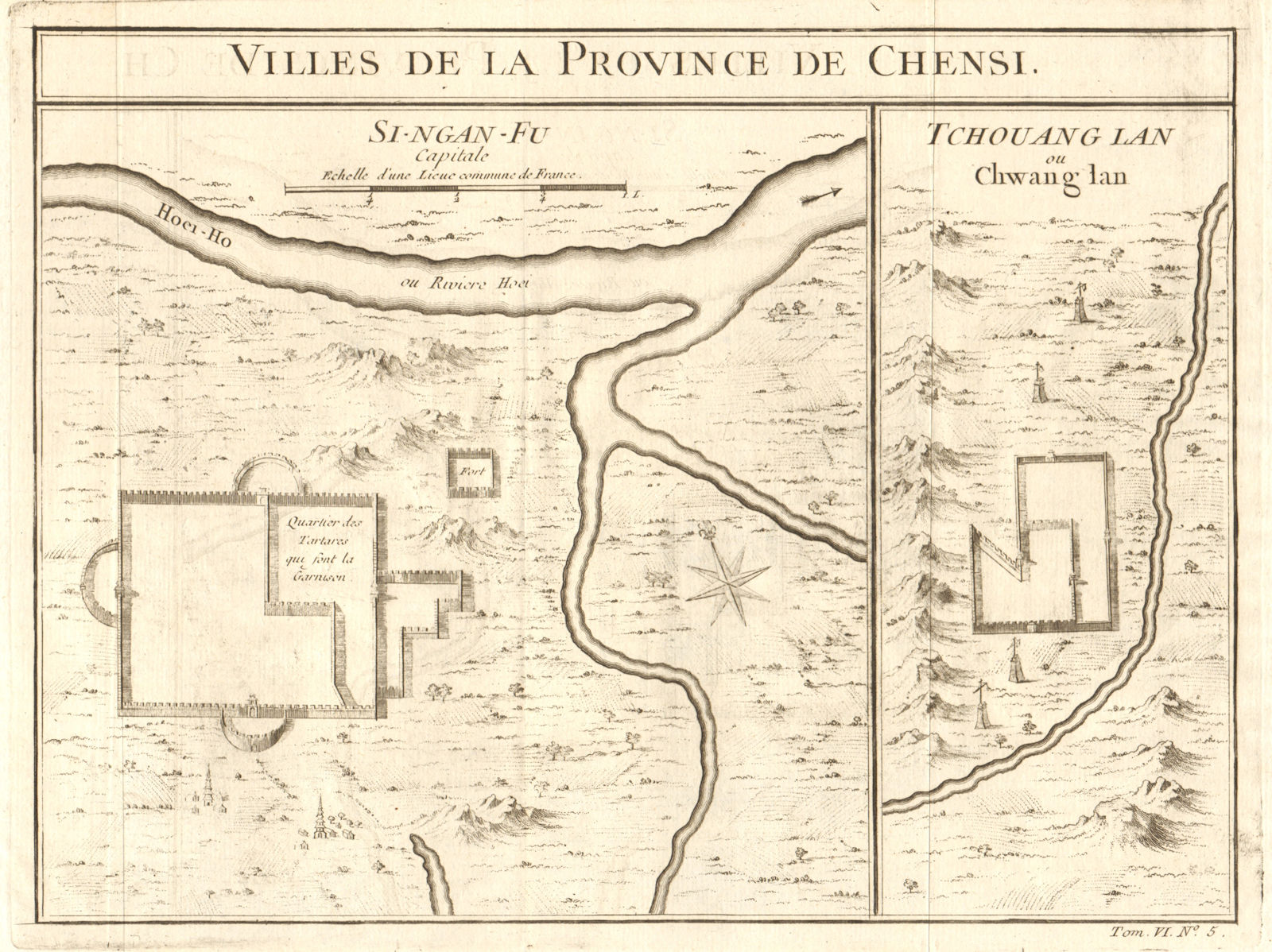 Xian (Si-Ngan) city, Shaanxi. Shuiluo, Zhuanglang Gansu China. BELLIN 1748 map