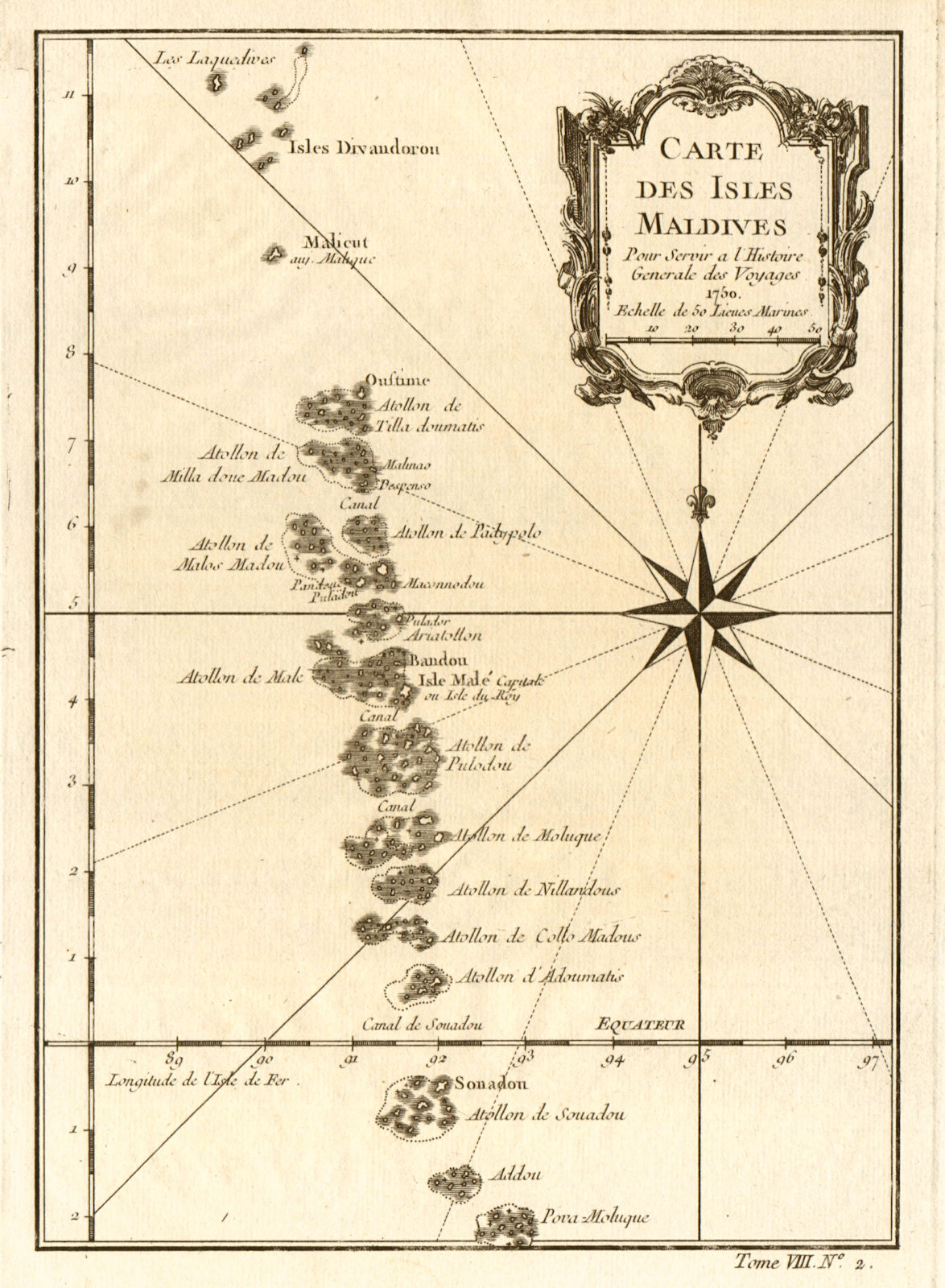 'Carte des Isles Maldives'. Atolls of the Maldive islands. Male. BELLIN 1750 map