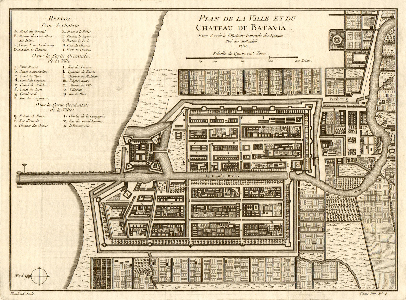 'Plan de la Ville et du Chateau de Batavia', now Jakarta. BELLIN 1750 old map