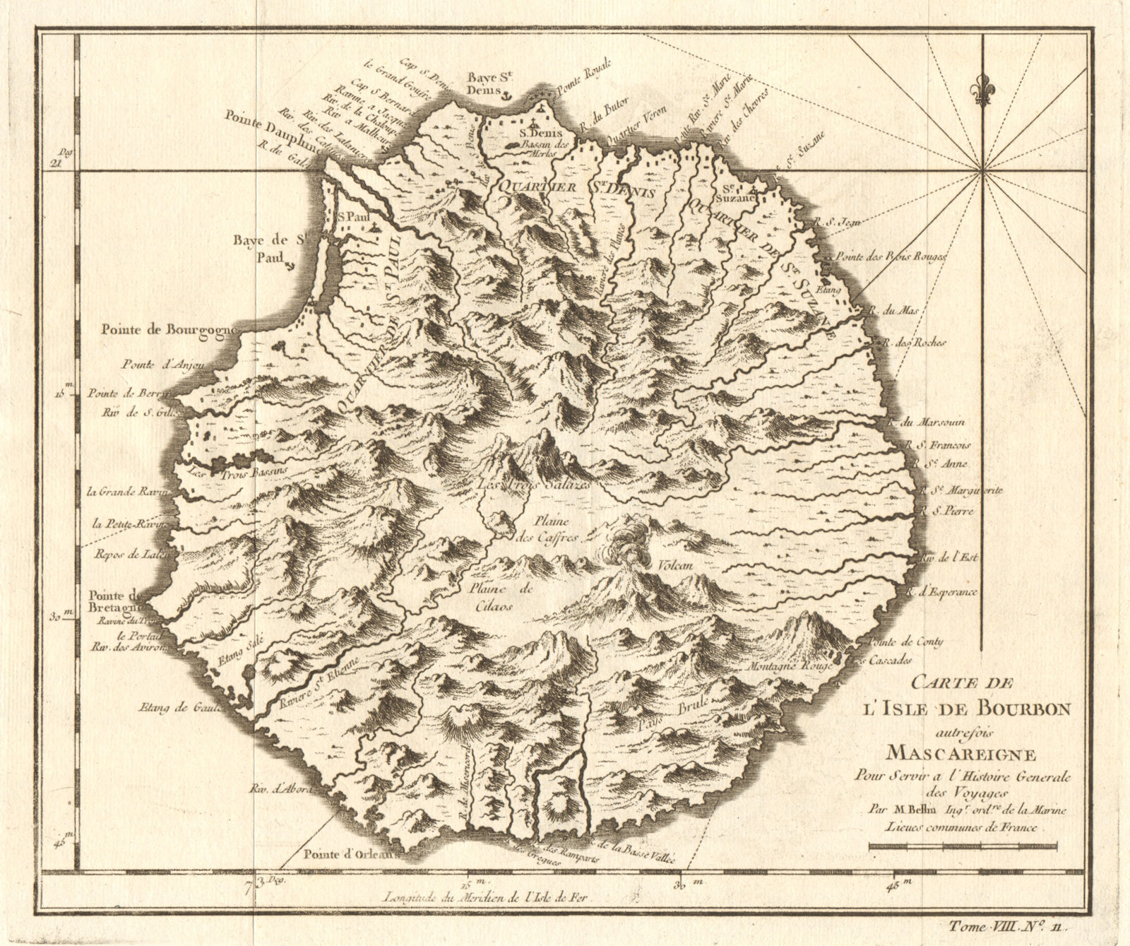 'Carte de l'Isle de Bourbon, autrefois Mascareigne'. Réunion. BELLIN 1750 map