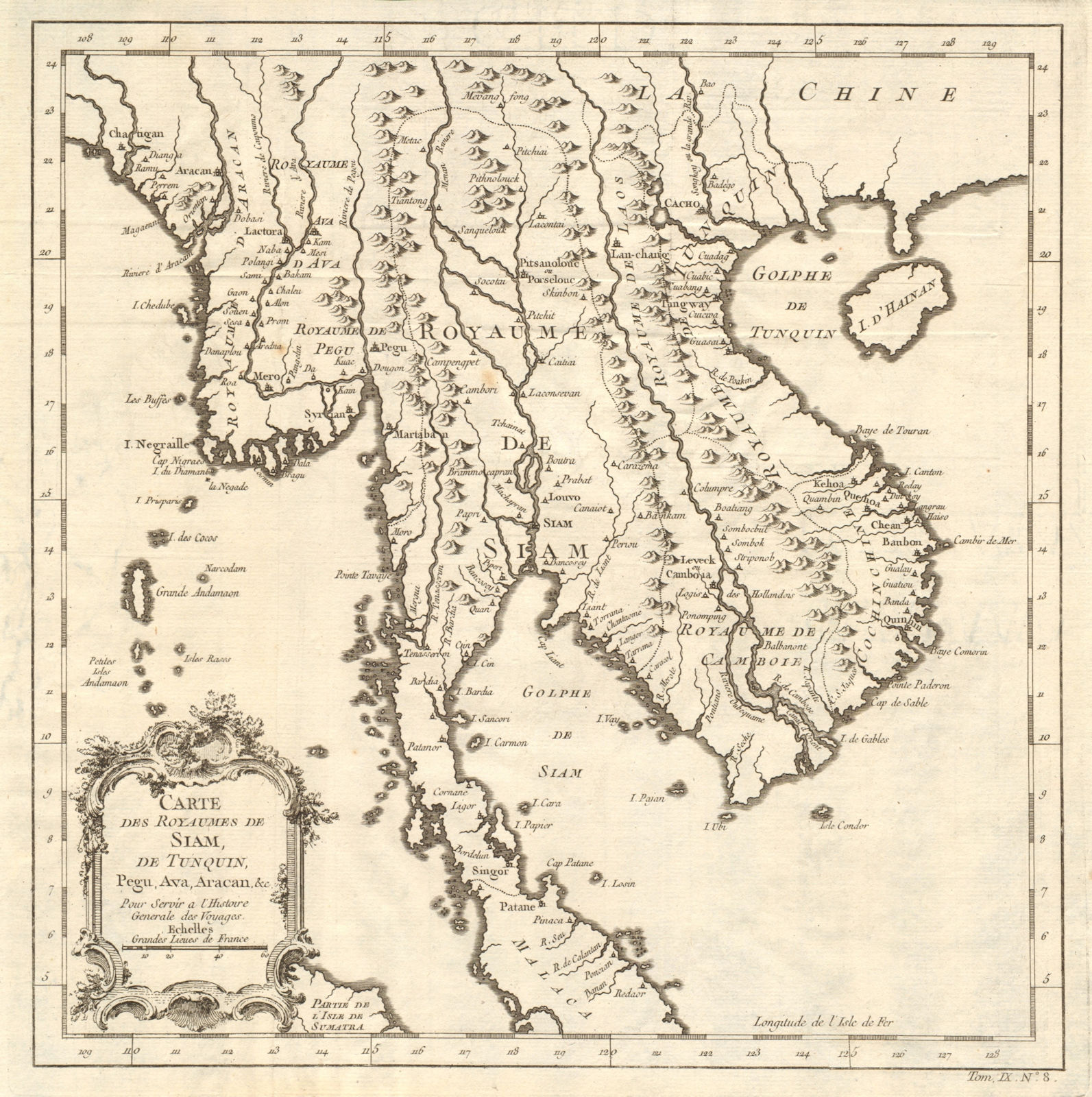 'Royaumes de Siam, Tunquin, Pegu, Ava, Aracan'. Indochina. BELLIN 1751 old map