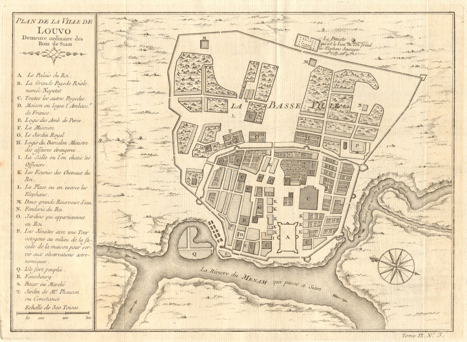 Town city 'Plan de la Ville de Louvo'. Lopburi, Thailand. BELLIN 1751 old map