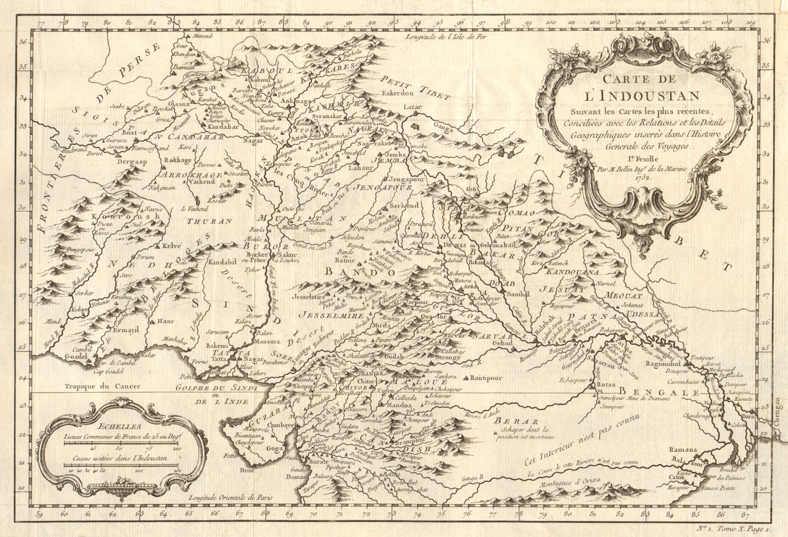'Carte de l'Indoustan 1e Feuille'. India north. Pakistan Nepal. BELLIN 1752 map