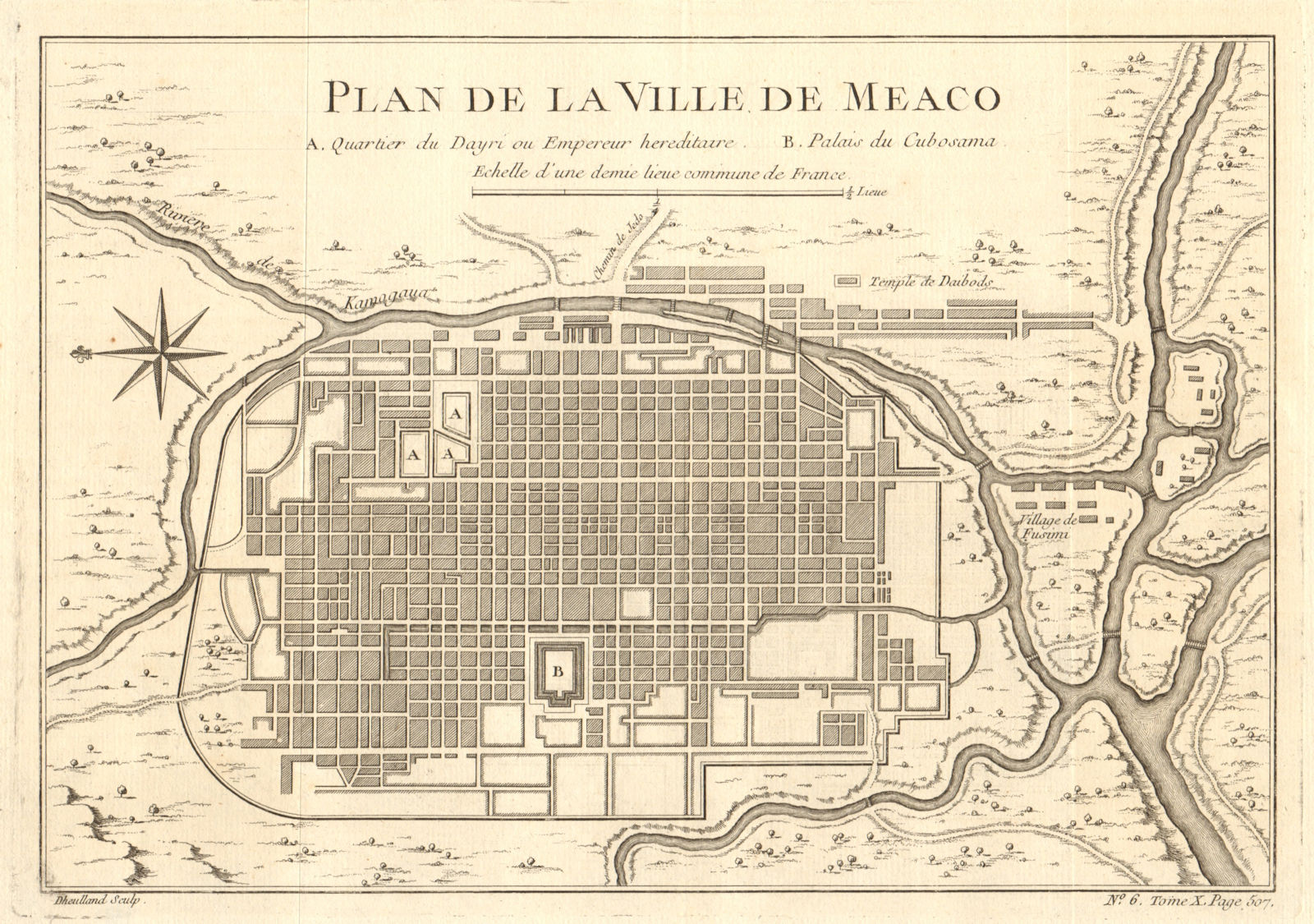 'Plan de la Ville de Meaco'. Kyoto town city plan, Japan. BELLIN 1752 old map