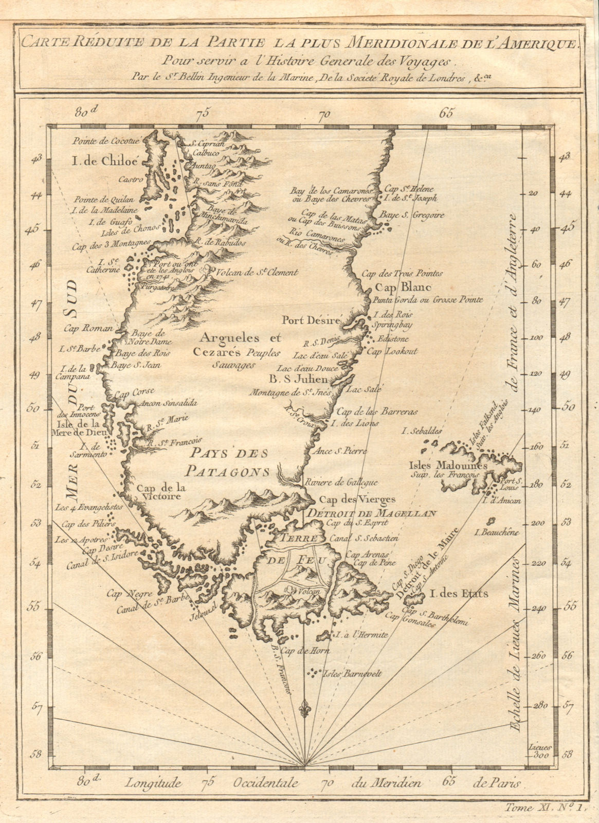 'La Partie la plus Méridionale de l’Amérique'. Patagonia. Chile. BELLIN 1753 map