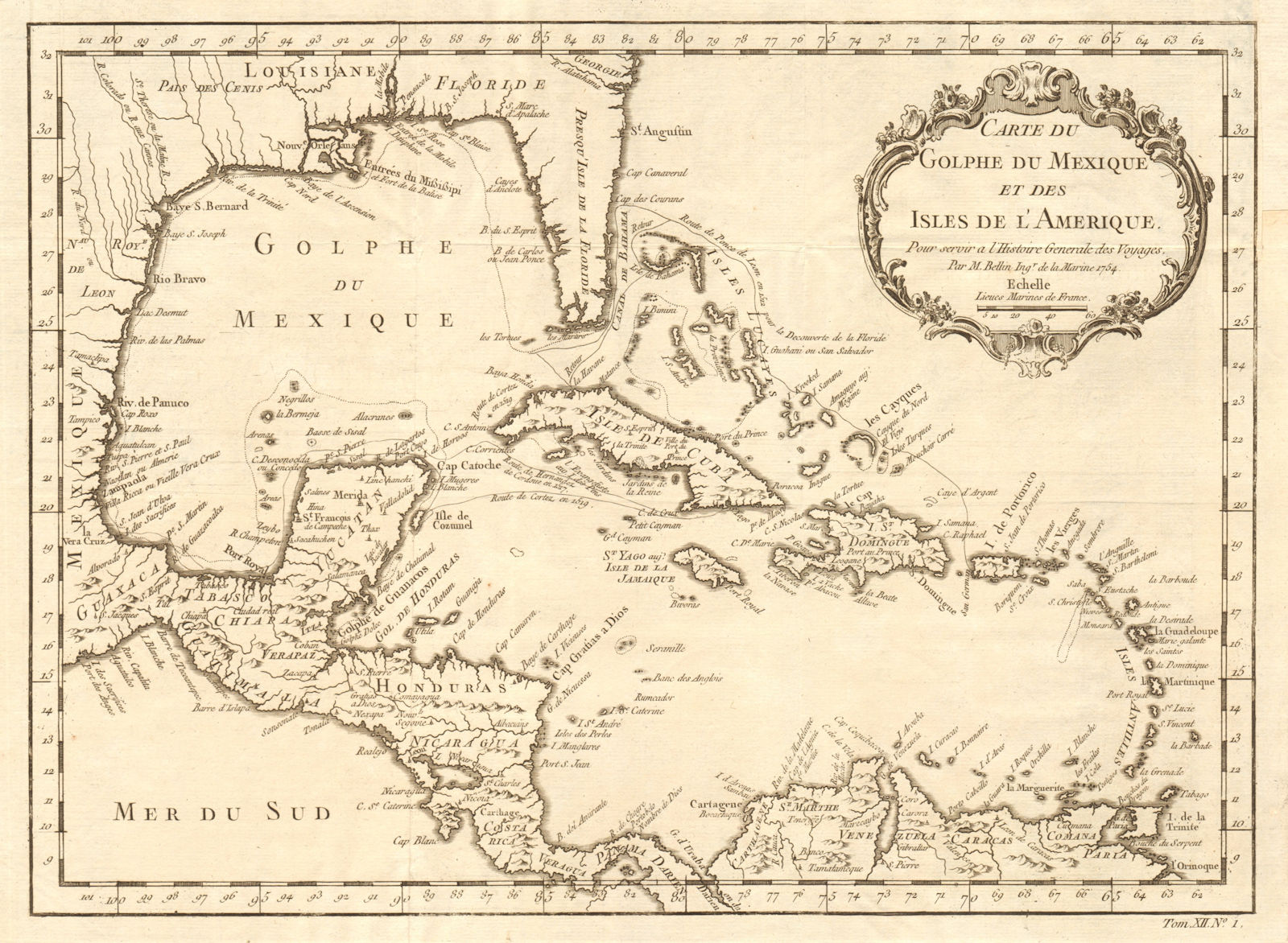 'Carte du Golfe du Mexique et des Isles de l'Amerique' Caribbean BELLIN 1754 map