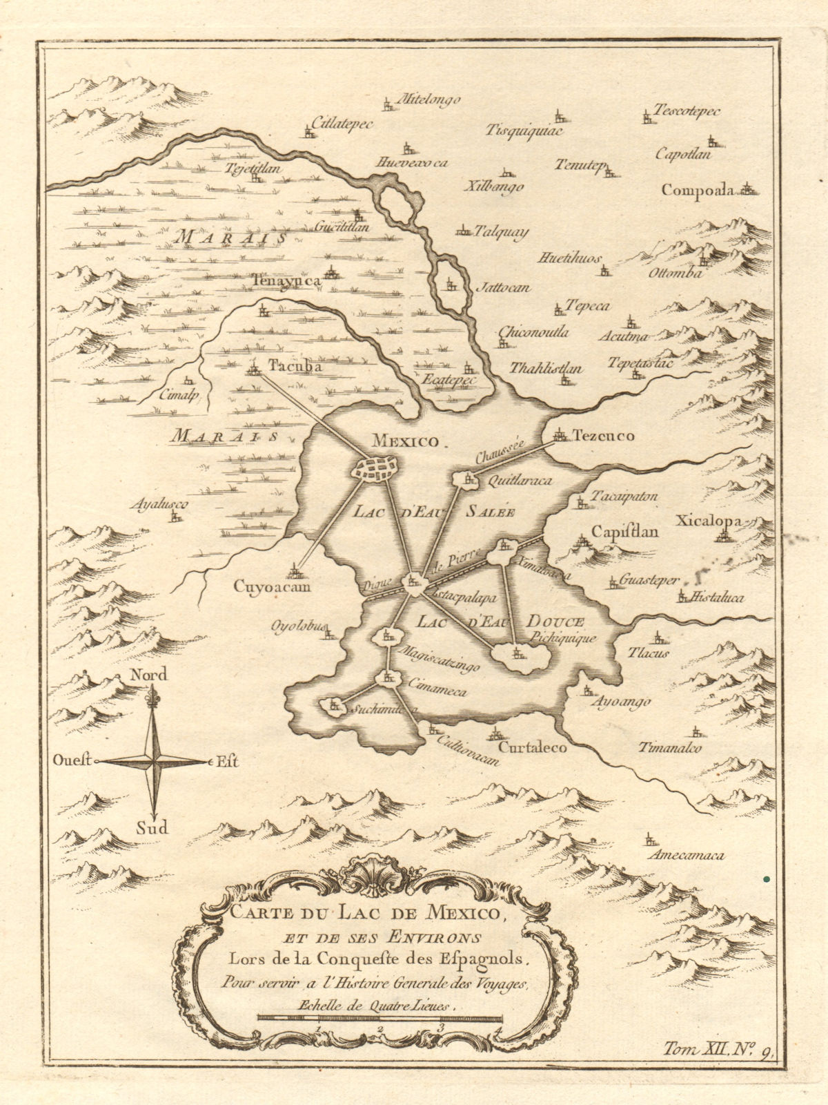 'Carte du Lac de Mexico' City. Aztec Tenochtitlan. Lake Texcoco. BELLIN 1754 map