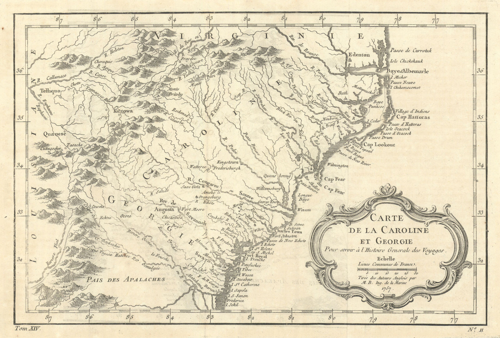 'Carte de la Caroline et Géorgie'. North/South Carolina Georgia. BELLIN 1757 map
