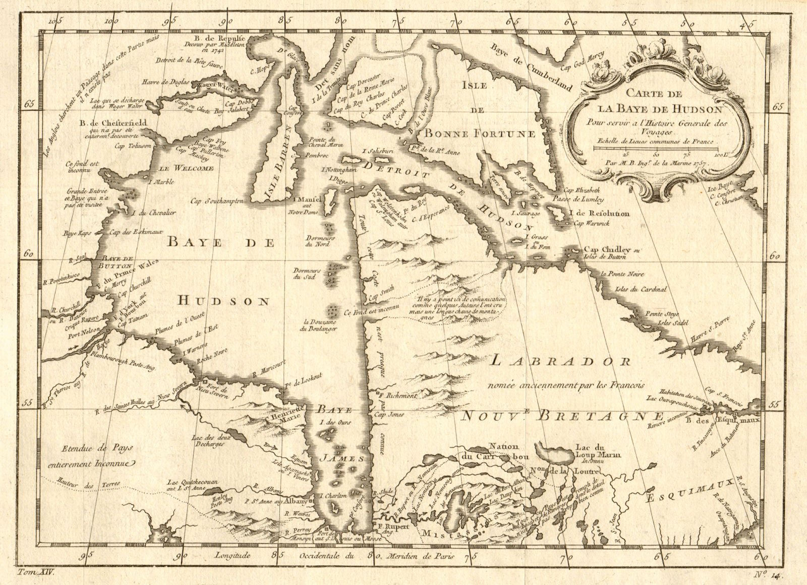 'Carte de la Baye de Hudson'. Hudson's Bay. Northern Quebec. BELLIN 1757 map