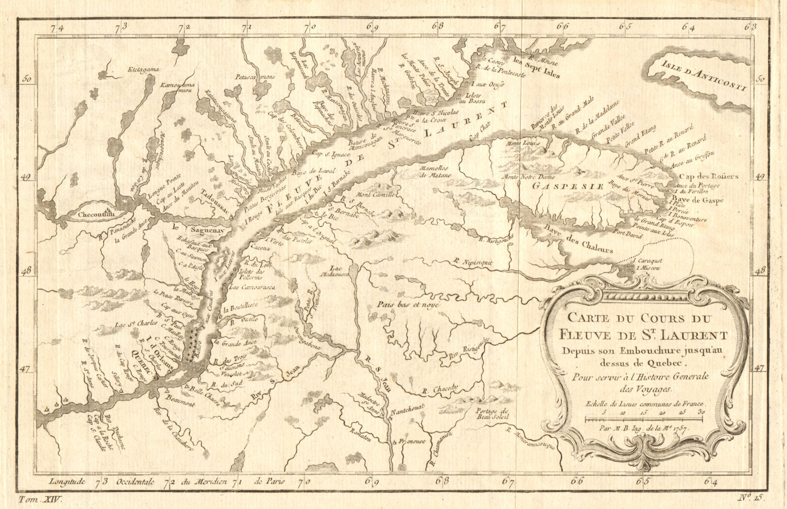 'Carte du cours du fleuve de St Laurent…' St Lawrence River. BELLIN 1757 map