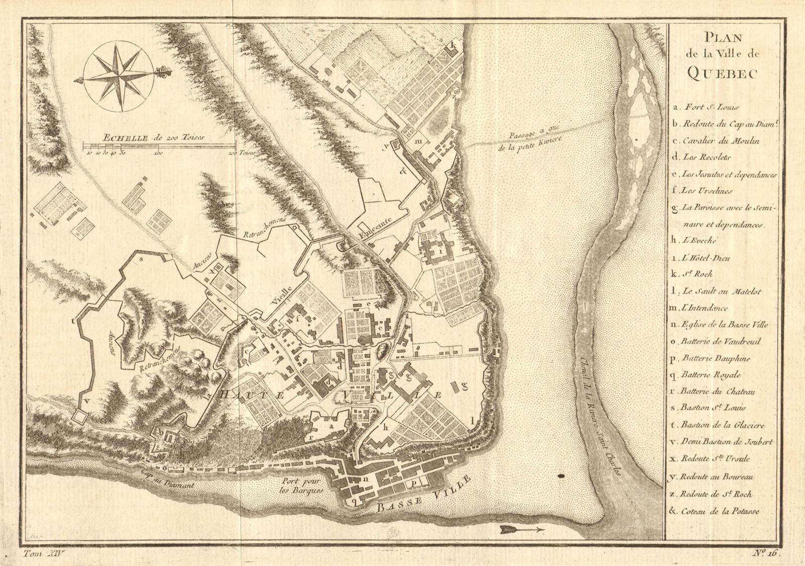 'Plan de la ville de Québec'. Plan of the city of Quebec. BELLIN 1757 old map