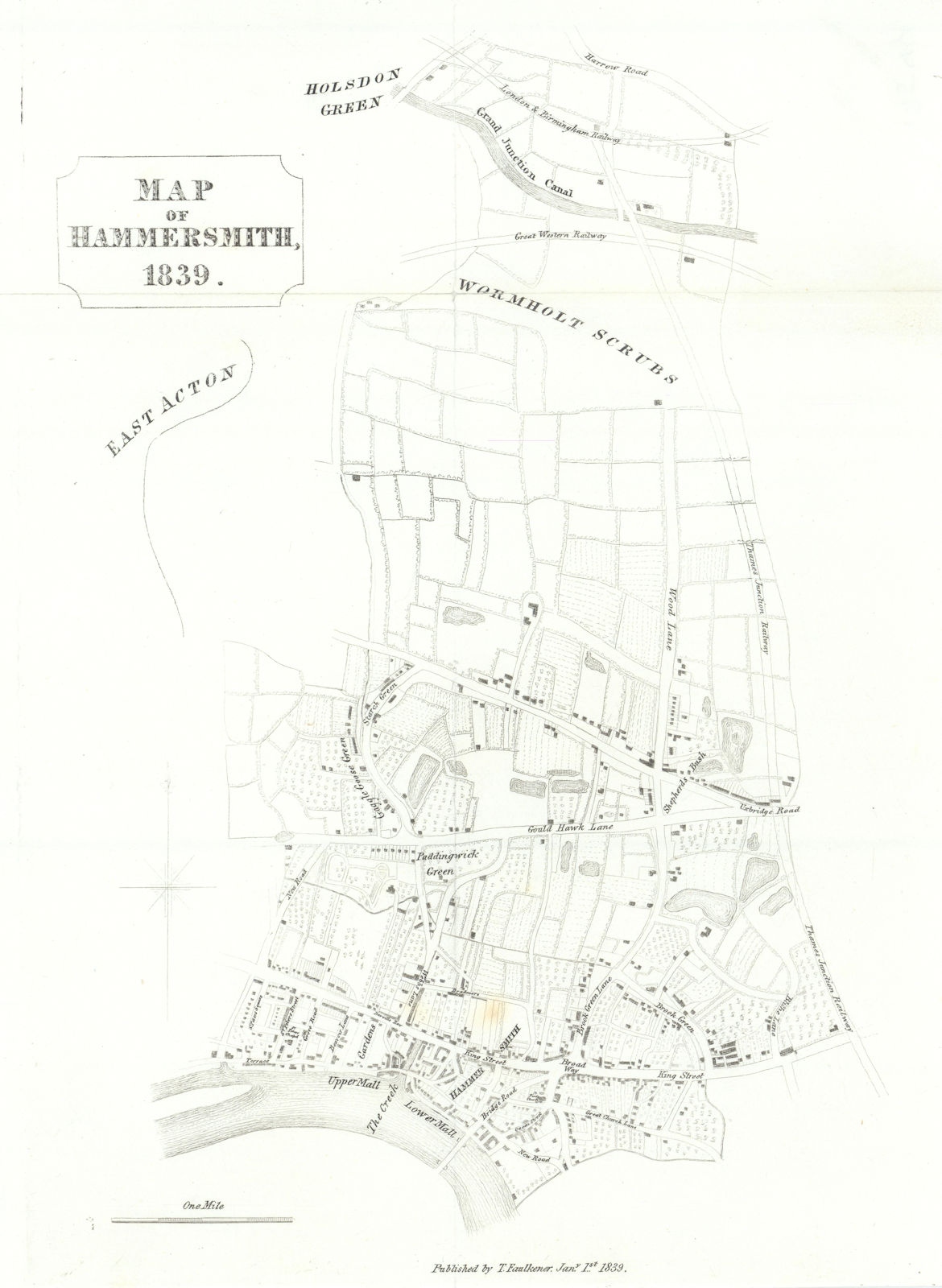 HAMMERSMITH PARISH. Shepherds Bush. Brook Green. Chiswick. FAULKNER 1839 map