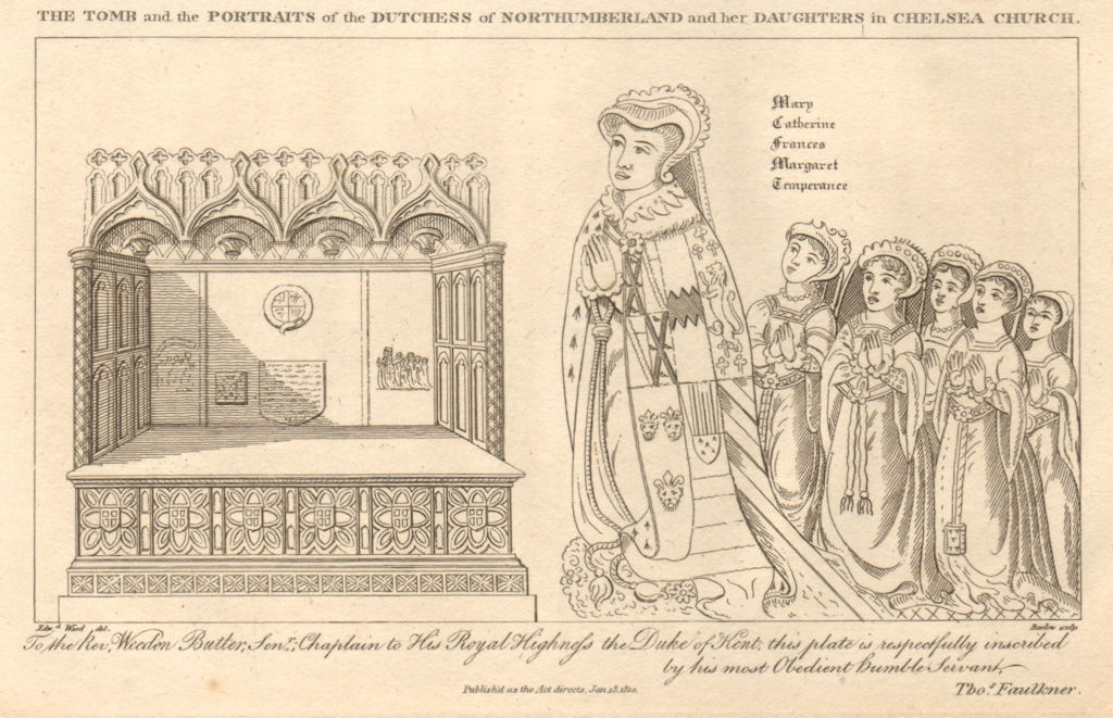 Duchess of Northumberland tomb, Chelsea Old Church, London 1810 print