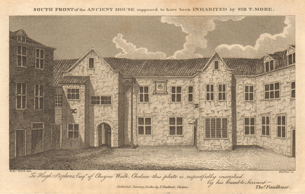 Sir Thomas More's house, Beaufort Street, Chelsea, London 1810 old print