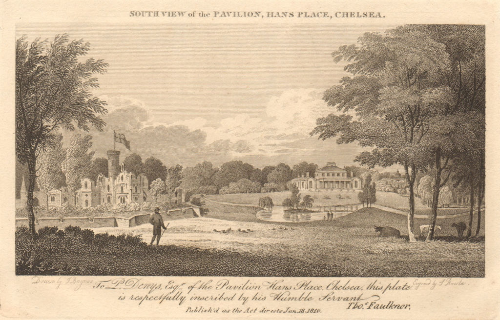 South view of the Pavilion, Hans Place, Chelsea, London 1810 old antique print